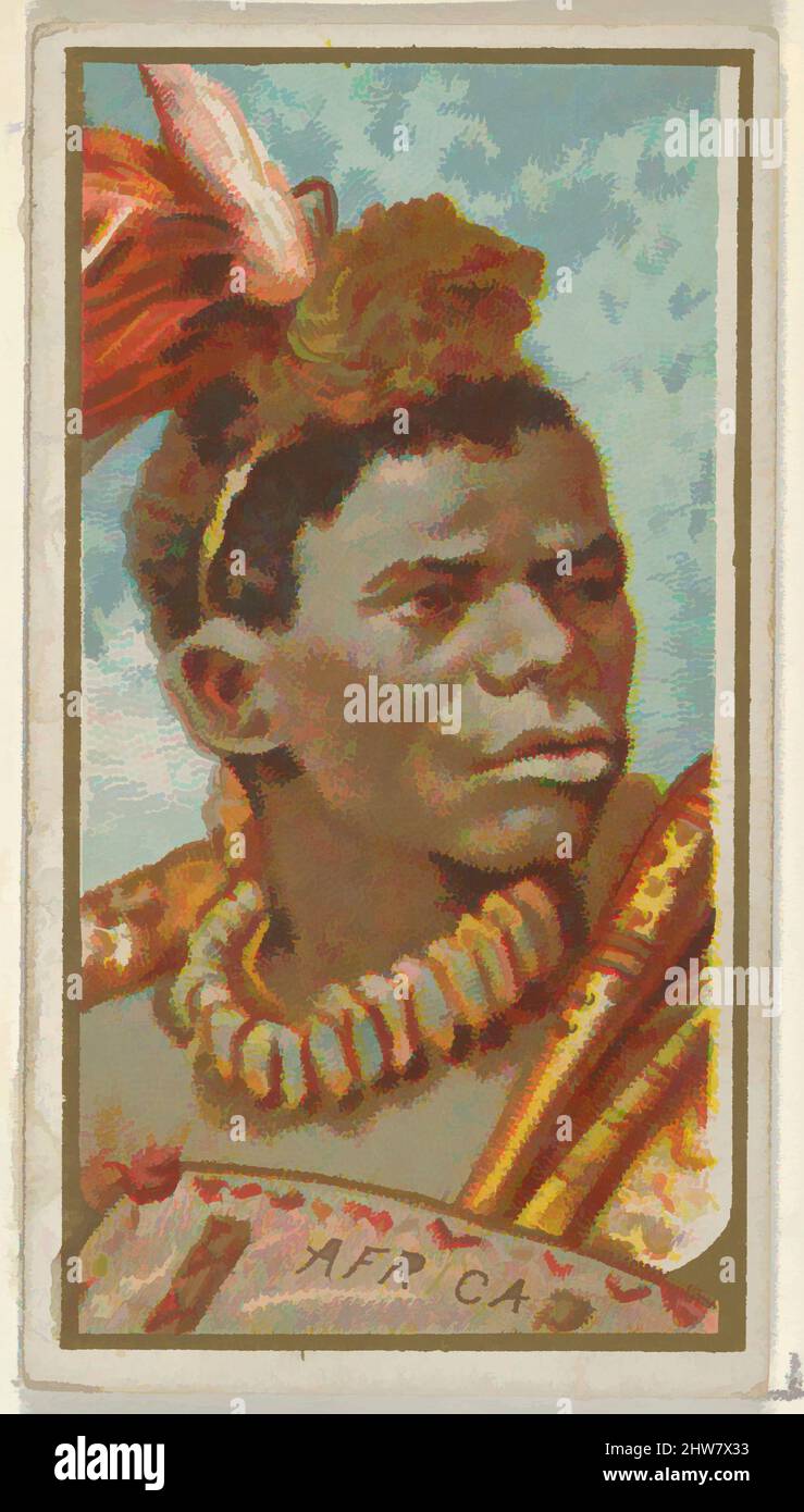 Arte ispirata dall'Africa, dai tipi di All Nations serie (N24) per Allen & Ginter sigarette, 1889, litografia commerciale a colori, foglio: 2 3/4 x 1 1/2 pollici. (7 x 3,8 cm), carte commerciali della serie 'tipi di tutte le nazioni' (N24), emesse nel 1889 in un set di 50 carte per promuovere Allen, opere classiche modernizzate da Artotop con un tuffo di modernità. Forme, colore e valore, impatto visivo accattivante sulle emozioni artistiche attraverso la libertà delle opere d'arte in modo contemporaneo. Un messaggio senza tempo che persegue una nuova direzione selvaggiamente creativa. Artisti che si rivolgono al supporto digitale e creano l'NFT Artotop Foto Stock