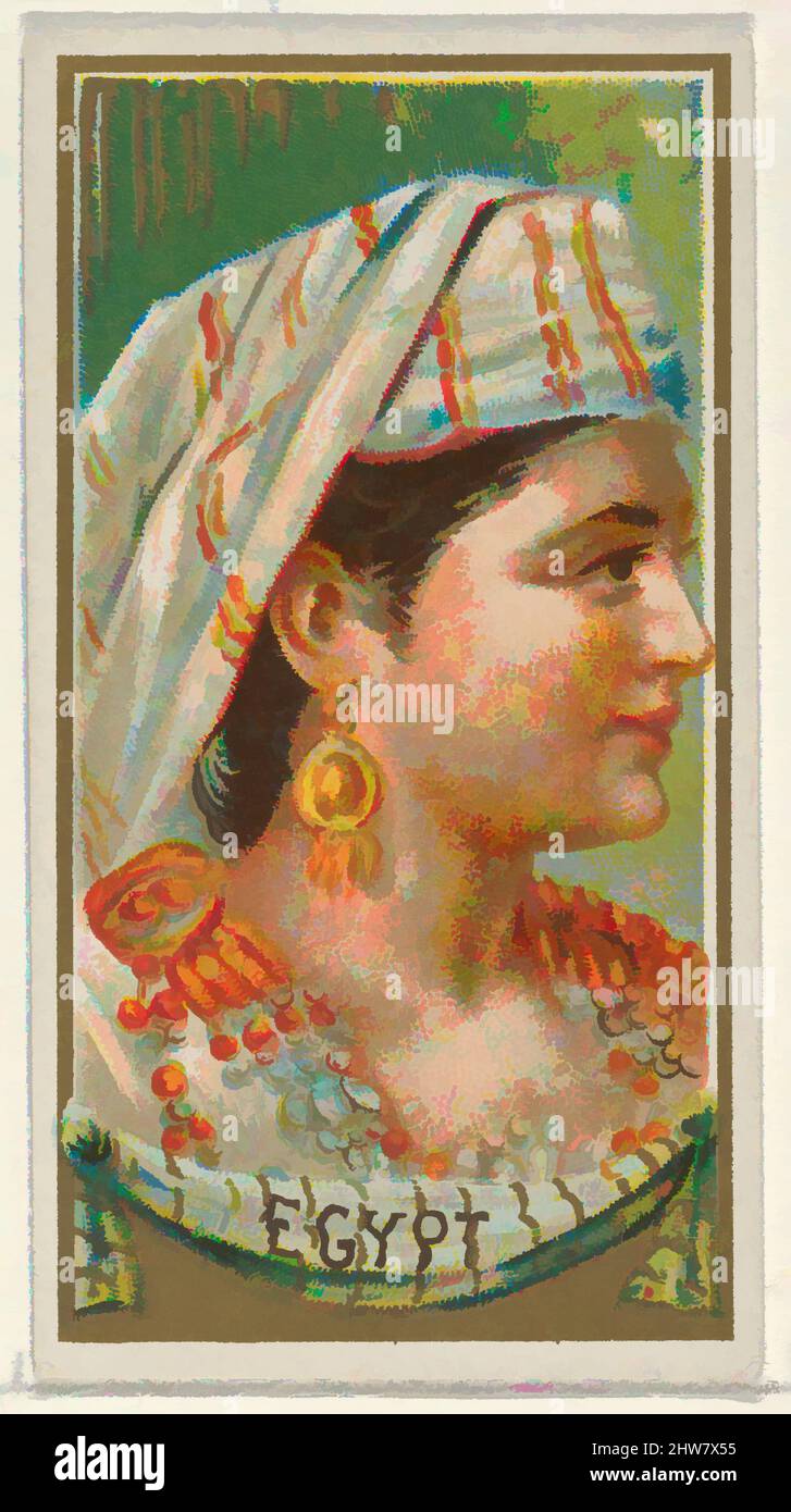 Arte ispirata dall'Egitto, dai tipi di All Nations serie (N24) per Allen & Ginter sigarette, 1889, litografia commerciale a colori, foglio: 2 3/4 x 1 1/2 pollici. (7 x 3,8 cm), carte commerciali della serie 'tipi di tutte le nazioni' (N24), emesse nel 1889 in un set di 50 carte per promuovere Allen, opere classiche modernizzate da Artotop con un tuffo di modernità. Forme, colore e valore, impatto visivo accattivante sulle emozioni artistiche attraverso la libertà delle opere d'arte in modo contemporaneo. Un messaggio senza tempo che persegue una nuova direzione selvaggiamente creativa. Artisti che si rivolgono al supporto digitale e creano l'NFT Artotop Foto Stock