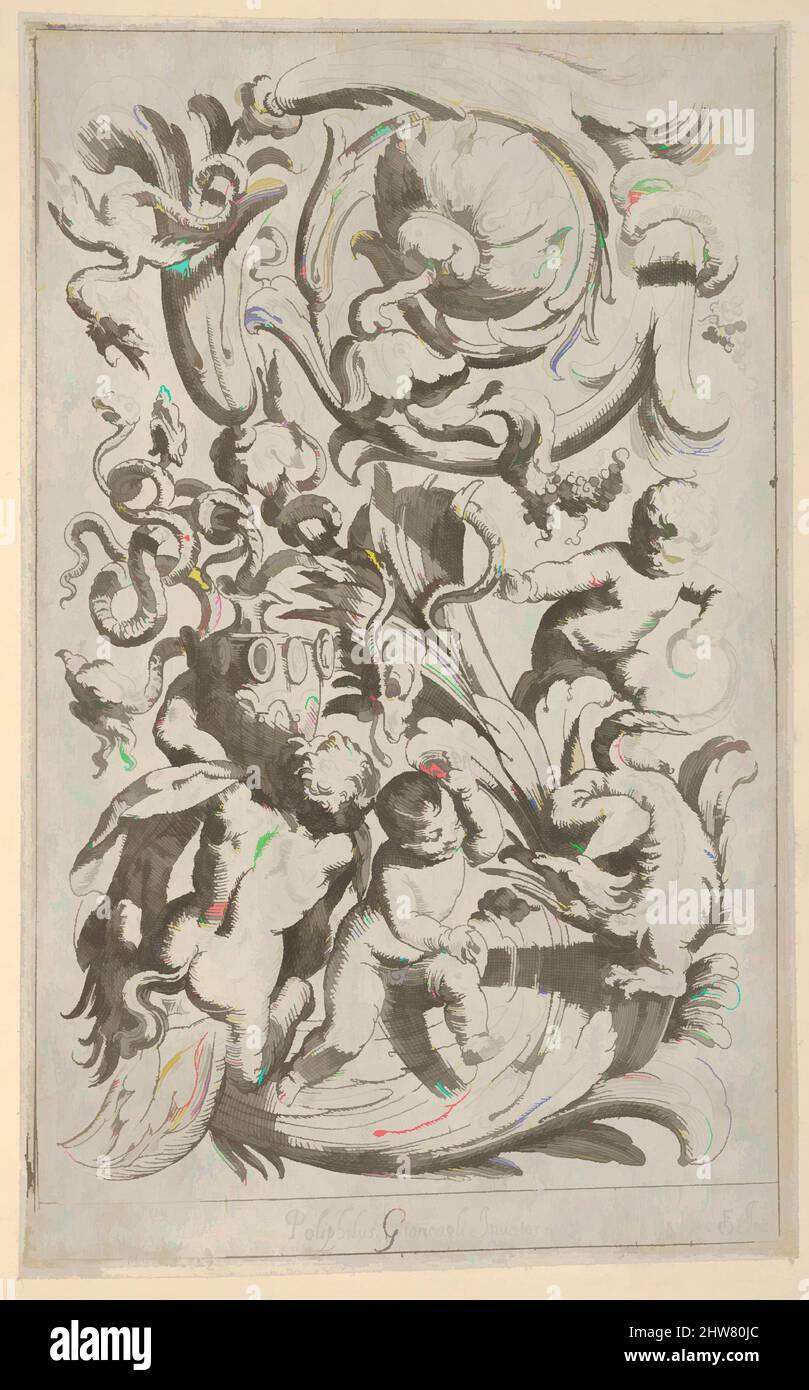 Art Inspired by Disegni Varii di Polifilo Zancarli, 1628 before, Etching, plate: 9 5/16 x 5 3/4 in. (23,6 x 14,6 cm), Polifilo Giancarli (attivo a Venezia ca. 1600–1625), Odoardo Fialetti (Bologna 1573–1637/38 Venezia), design a pannelli verticali con un racanthus rinceau con, opere classiche modernizzate da Artotop con un tuffo di modernità. Forme, colore e valore, impatto visivo accattivante sulle emozioni artistiche attraverso la libertà delle opere d'arte in modo contemporaneo. Un messaggio senza tempo che persegue una nuova direzione selvaggiamente creativa. Artisti che si rivolgono al supporto digitale e creano l'NFT Artotop Foto Stock