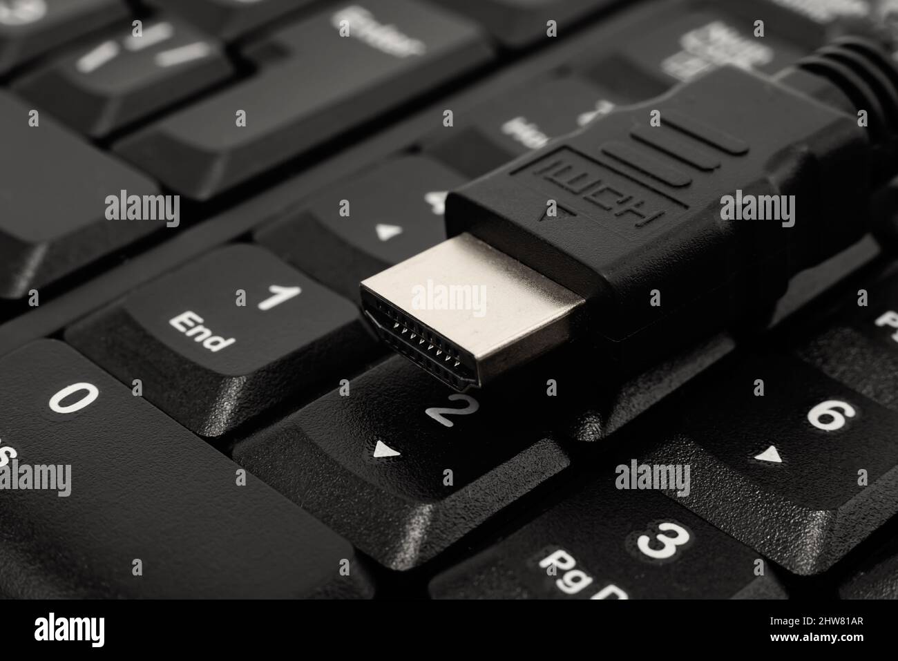 Primo piano di un cavo HDMI nero. Cavo per le comunicazioni e accesso a Internet ad alta velocità Foto Stock