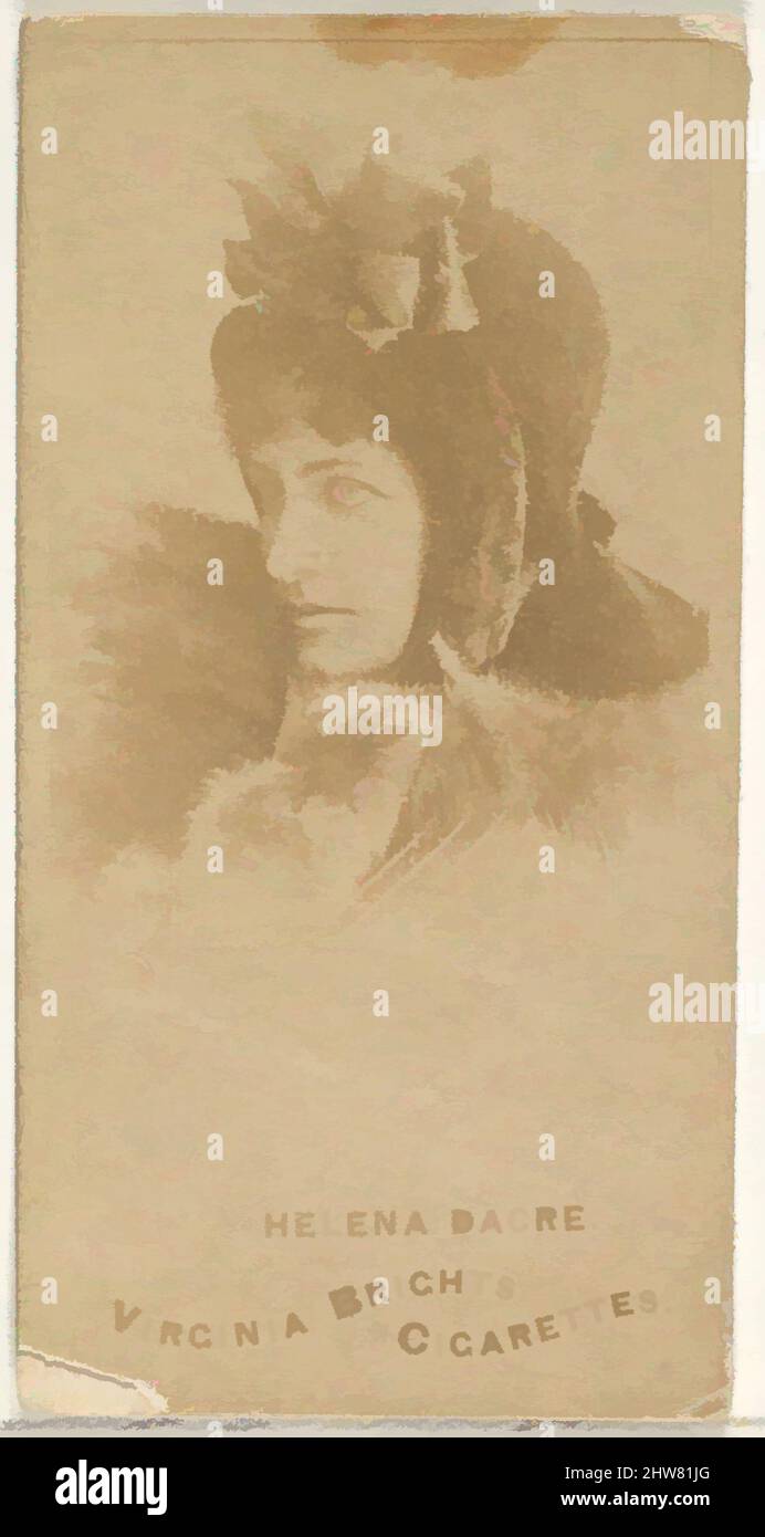 Arte ispirata da Helena Dacre, dalla serie Actors and Actres (N45, Type 1) per le sigarette Virginia Blights, ca. 1888, fotografia albume, foglio: 2 3/4 x 1 3/8 pollici (7 x 3,5 cm), carte commerciali della serie 'Actors and Attres' (N45, Type 1), emesse circa 1888 di Allen & Ginter, opere classiche modernizzate da Artotop con un tuffo di modernità. Forme, colore e valore, impatto visivo accattivante sulle emozioni artistiche attraverso la libertà delle opere d'arte in modo contemporaneo. Un messaggio senza tempo che persegue una nuova direzione selvaggiamente creativa. Artisti che si rivolgono al supporto digitale e creano l'NFT Artotop Foto Stock