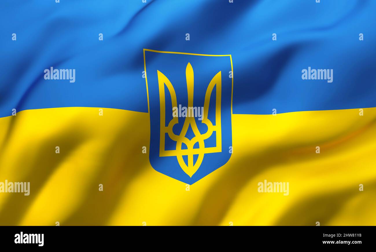 Bandiera dell'Ucraina con stemma, soffia nel vento. Pagina intera bandiera di volo Ucraina. Foto Stock