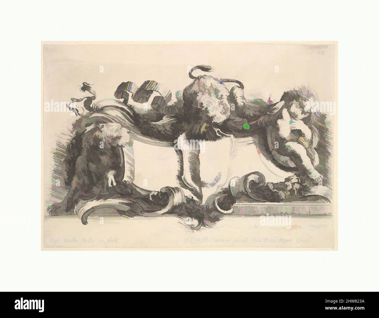 Arte ispirata al piatto 18: Una cartouche contenente una cresta vuota, due leonesse, una a sinistra e una al centro, un infante a destra, da 'raccolta di vari capricci e nuove invenzioni di carte e ornamenti' (raccolta di vari capricci et nove inventioni di cartelle et ornamenti, Opere classiche modernizzate da Artotop con un tocco di modernità. Forme, colore e valore, impatto visivo accattivante sulle emozioni artistiche attraverso la libertà delle opere d'arte in modo contemporaneo. Un messaggio senza tempo che persegue una nuova direzione selvaggiamente creativa. Artisti che si rivolgono al supporto digitale e creano l'NFT Artotop Foto Stock