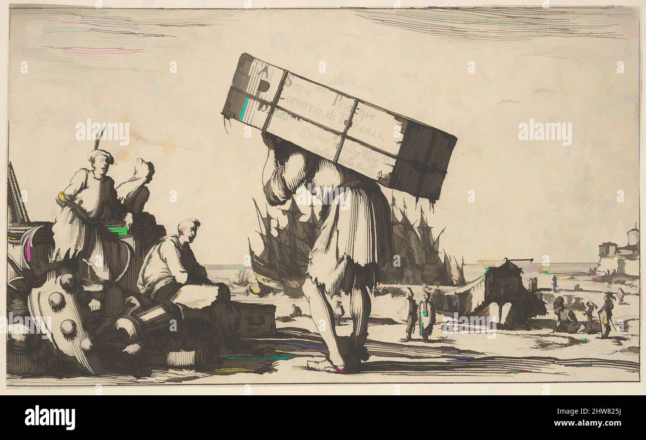 Arte ispirata dal titolo pagina: Un uomo che porta una cassa sulla schiena al centro, tre uomini che lo guardano verso sinistra, cappotto di armi medicee a terra a sinistra, varie barche e figure a destra sullo sfondo, da 'set di otto paesaggi nautici' (Suite de huit Marines), 1639, Acquaforte, opere classiche modernizzate da Artotop con un tuffo di modernità. Forme, colore e valore, impatto visivo accattivante sulle emozioni artistiche attraverso la libertà delle opere d'arte in modo contemporaneo. Un messaggio senza tempo che persegue una nuova direzione selvaggiamente creativa. Artisti che si rivolgono al supporto digitale e creano l'NFT Artotop Foto Stock