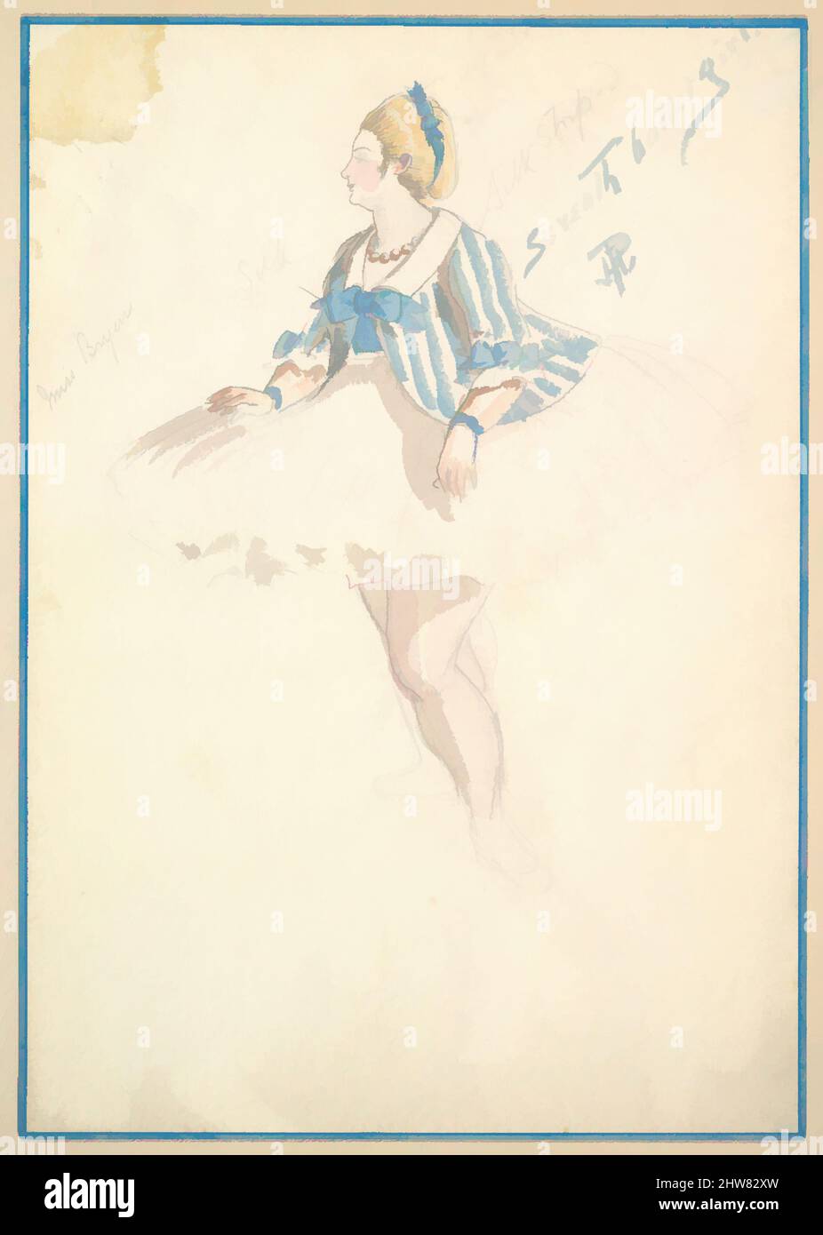 Art Inspired by Costume Design for 'Seventh Ballet Girl' (Short White and Blue Striped Dress), 1901, Watercolors over graphite, tuta: 11 1/2 x 8 5/8 x 1 3/16" (29,2 x 21,9 x 3 cm), Percy Anderson (British, 1850/51–1928 London), Design for the Costume for 'Seventh Ballet Girl' for, opere classiche modernizzate da Artotop con un tocco di modernità. Forme, colore e valore, impatto visivo accattivante sulle emozioni artistiche attraverso la libertà delle opere d'arte in modo contemporaneo. Un messaggio senza tempo che persegue una nuova direzione selvaggiamente creativa. Artisti che si rivolgono al supporto digitale e creano l'NFT Artotop Foto Stock