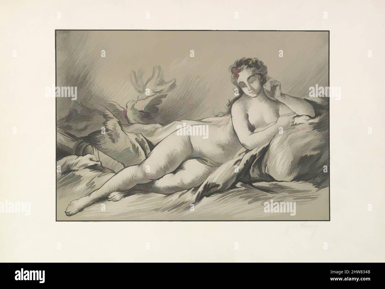 Arte ispirata da Reclining Venere, fine 19th secolo, litografia, foglio: 12 3/8 x 17 11/16 pollici. (31,5 x 44,9 cm), Prints, George William Thornley (francese, 1857–1935), dopo Francois Boucher (francese, Parigi 1703–1770 Parigi), dopo Louis Marin Bonnet (francese, Parigi 1736–1793 Saint-Mandé, Val, opere classiche modernizzate da Artotop con un tuffo di modernità. Forme, colore e valore, impatto visivo accattivante sulle emozioni artistiche attraverso la libertà delle opere d'arte in modo contemporaneo. Un messaggio senza tempo che persegue una nuova direzione selvaggiamente creativa. Artisti che si rivolgono al supporto digitale e creano l'NFT Artotop Foto Stock