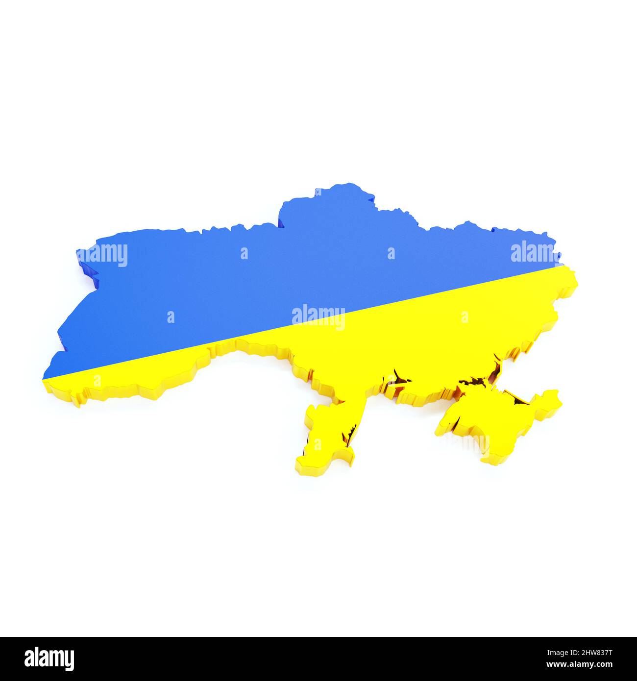 3D rendering della mappa di contorno di Ukraine con bandiera Ucraina sovrapposta su bianco Foto Stock