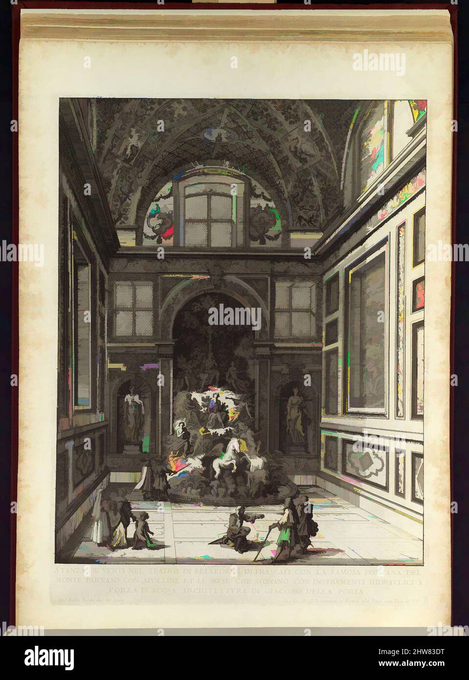 Arte ispirata a le Fontane delle Ville di Frascati nel Tuscolano con loro Prospetti, 1691 o dopo, acquaforte, totale: 11 x 15 7/8 x 1 5/16 pollici. (27,9 x 40,4 x 3,4 cm), seconda serie di vedute delle fontane di Falda. Le Fontane delle Ville di Frascati contiene una pagina del titolo, un'opera classica modernizzata da Artotop con un tocco di modernità. Forme, colore e valore, impatto visivo accattivante sulle emozioni artistiche attraverso la libertà delle opere d'arte in modo contemporaneo. Un messaggio senza tempo che persegue una nuova direzione selvaggiamente creativa. Artisti che si rivolgono al supporto digitale e creano l'NFT Artotop Foto Stock