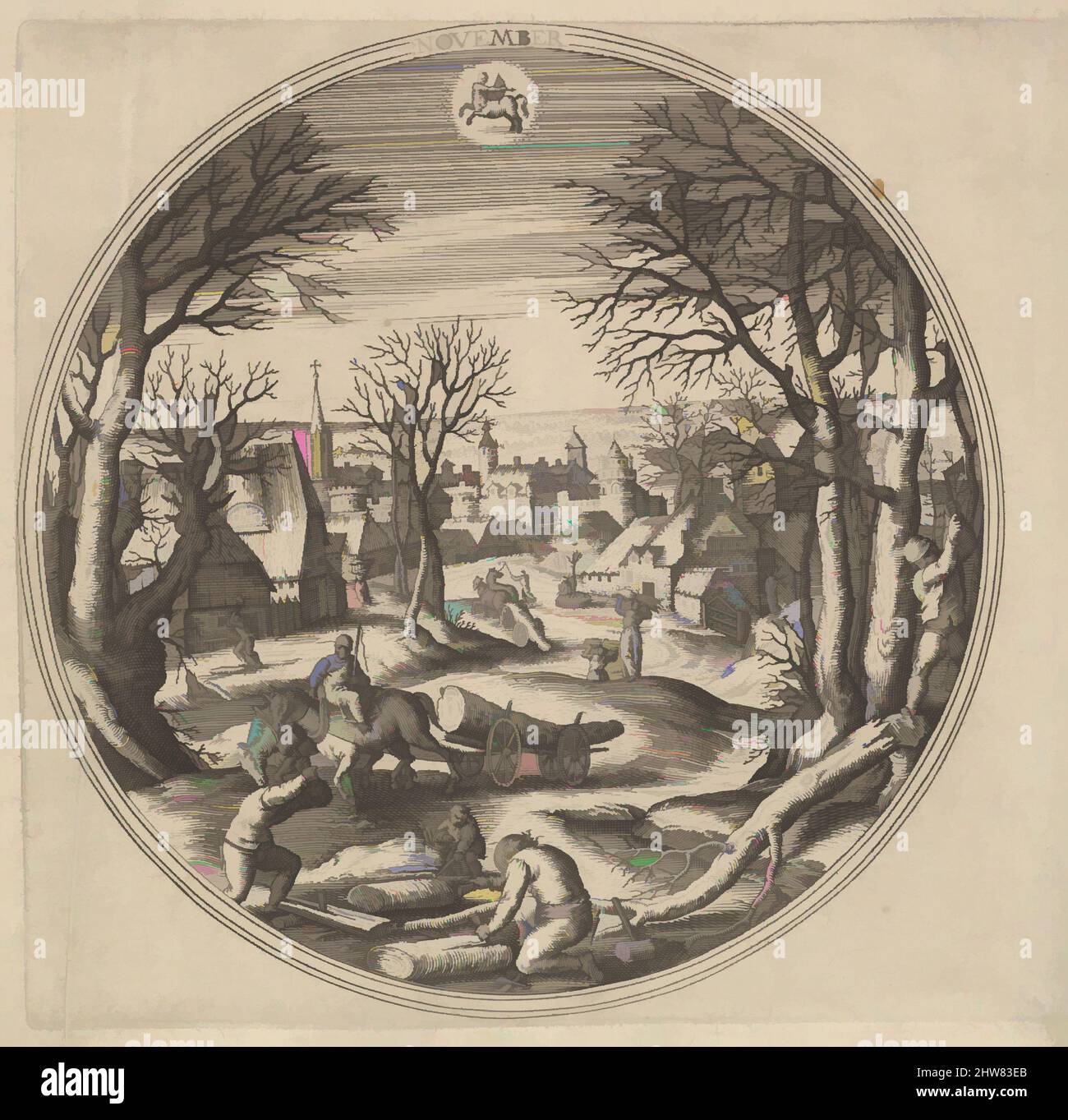 Arte ispirata da novembre, dai mesi, ca. 1580, incisione, foglio: 6 5/16 x 6 1/16 poll. (16,1 x 15,4 cm), stampe, Adriaen Collaert (Olanda, Anversa ca. 1560–1618 Anversa), dopo Hans Bol (Olanda, Mechelen 1534–1593 Amsterdam), Hans van Luyck (Olanda, Anversa ca, opere classiche modernizzate da Artotop con un tocco di modernità. Forme, colore e valore, impatto visivo accattivante sulle emozioni artistiche attraverso la libertà delle opere d'arte in modo contemporaneo. Un messaggio senza tempo che persegue una nuova direzione selvaggiamente creativa. Artisti che si rivolgono al supporto digitale e creano l'NFT Artotop Foto Stock