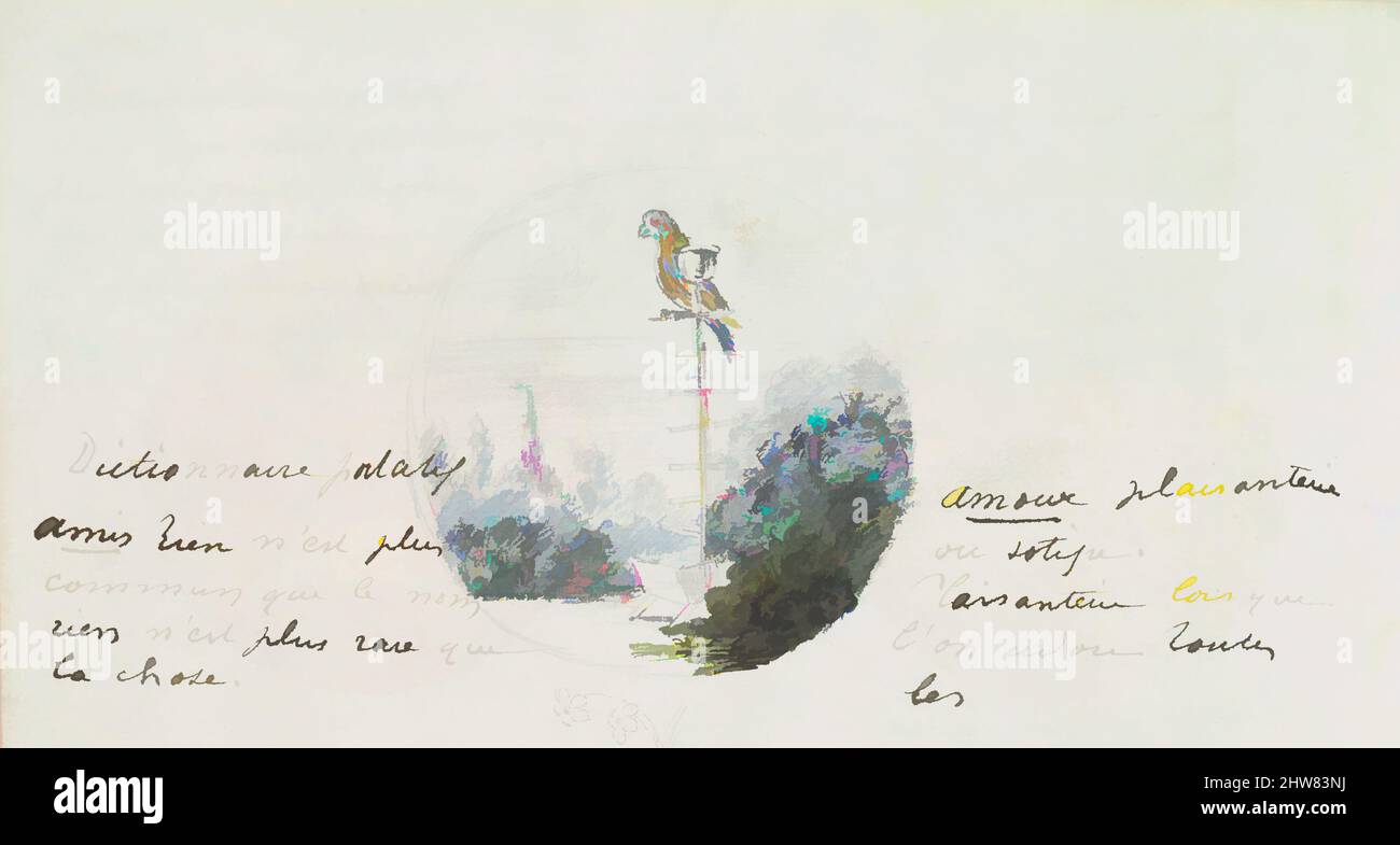 Arte ispirata da roundel con uccello in un paesaggio e piccoli schizzi, ca. 1785–90, penna e inchiostro nero, grafite, gouache, totale: 7 5/16 x 10 7/16 x 1/4 pollici (18,5 x 26,5 x 0,6 cm), Anonimo, francese, 18th secolo, possibilmente collegato a Antoine Caire-Morand (francese, Briancon 1747–1825, opere classiche modernizzate da Artotop con un tuffo di modernità. Forme, colore e valore, impatto visivo accattivante sulle emozioni artistiche attraverso la libertà delle opere d'arte in modo contemporaneo. Un messaggio senza tempo che persegue una nuova direzione selvaggiamente creativa. Artisti che si rivolgono al supporto digitale e creano l'NFT Artotop Foto Stock