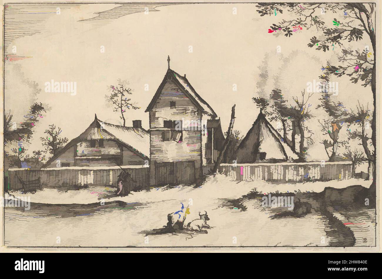 Arte ispirata da grande fattoria murata da Regiunculae et Villae aliquot Ducatus Brabantiae, ca. 1610, incisione, piastra: 4 1/16 x 6 3/16 poll. (10,3 x 15,7 cm), stampe, Claes Jansz. Visscher (olandese, Amsterdam 1586–1652 Amsterdam), dopo il Maestro dei piccoli paesaggi (Netherlandish, 16th, opere classiche modernizzate da Artotop con un tuffo di modernità. Forme, colore e valore, impatto visivo accattivante sulle emozioni artistiche attraverso la libertà delle opere d'arte in modo contemporaneo. Un messaggio senza tempo che persegue una nuova direzione selvaggiamente creativa. Artisti che si rivolgono al supporto digitale e creano l'NFT Artotop Foto Stock