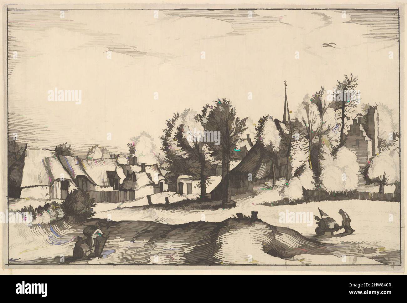 Arte ispirata da Un Castello di Regiunculae et Villae aliquot Ducatus Brabantiae, ca. 1610, incisione, piastra: 4 1/8 x 6 3/16 poll. (10,4 x 15,7 cm), stampe, Claes Jansz. Visscher (olandese, Amsterdam 1586–1652 Amsterdam), dopo il Maestro dei piccoli Paesaggi (Netherlandish, 16th secolo, opere classiche modernizzate da Artotop con un tuffo di modernità. Forme, colore e valore, impatto visivo accattivante sulle emozioni artistiche attraverso la libertà delle opere d'arte in modo contemporaneo. Un messaggio senza tempo che persegue una nuova direzione selvaggiamente creativa. Artisti che si rivolgono al supporto digitale e creano l'NFT Artotop Foto Stock