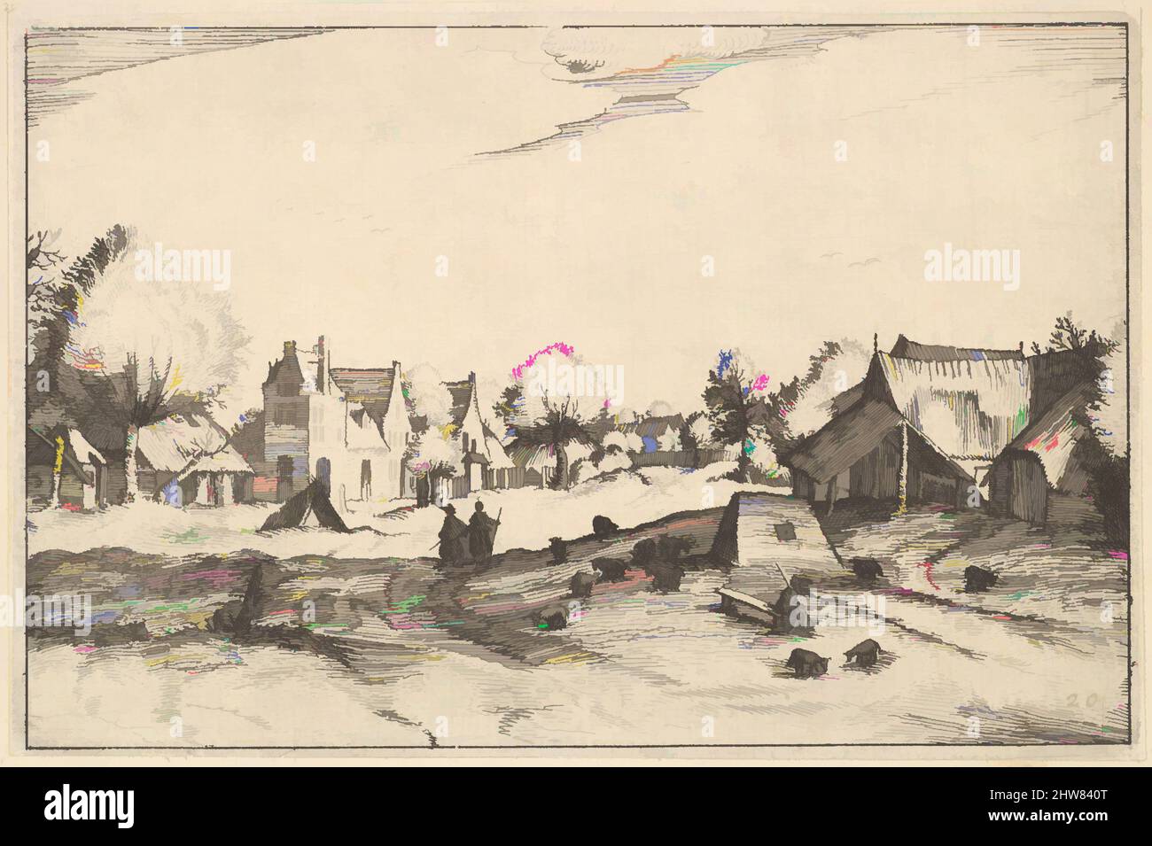 Arte ispirata da Village Road da Regiunculae et Villae aliquot Ducatus Brabantiae, ca. 1610, incisione, piastra: 4 1/16 x 6 3/16 poll. (10,3 x 15,7 cm), stampe, Claes Jansz. Visscher (olandese, Amsterdam 1586–1652 Amsterdam), dopo il Maestro dei piccoli Paesaggi (Netherlandish, 16th secolo, opere classiche modernizzate da Artotop con un tuffo di modernità. Forme, colore e valore, impatto visivo accattivante sulle emozioni artistiche attraverso la libertà delle opere d'arte in modo contemporaneo. Un messaggio senza tempo che persegue una nuova direzione selvaggiamente creativa. Artisti che si rivolgono al supporto digitale e creano l'NFT Artotop Foto Stock