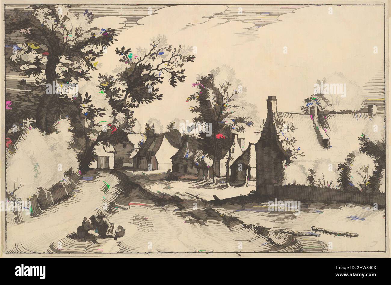 Arte ispirata da una strada del villaggio da Regiunculae et Villae aliquot Ducatus Brabantiae, ca. 1610, incisione, piastra: 4 1/8 x 6 3/16 poll. (10,4 x 15,7 cm), stampe, Claes Jansz. Visscher (olandese, Amsterdam 1586–1652 Amsterdam), dopo il Maestro dei piccoli paesaggi (Netherlandish, 16th, opere classiche modernizzate da Artotop con un tuffo di modernità. Forme, colore e valore, impatto visivo accattivante sulle emozioni artistiche attraverso la libertà delle opere d'arte in modo contemporaneo. Un messaggio senza tempo che persegue una nuova direzione selvaggiamente creativa. Artisti che si rivolgono al supporto digitale e creano l'NFT Artotop Foto Stock