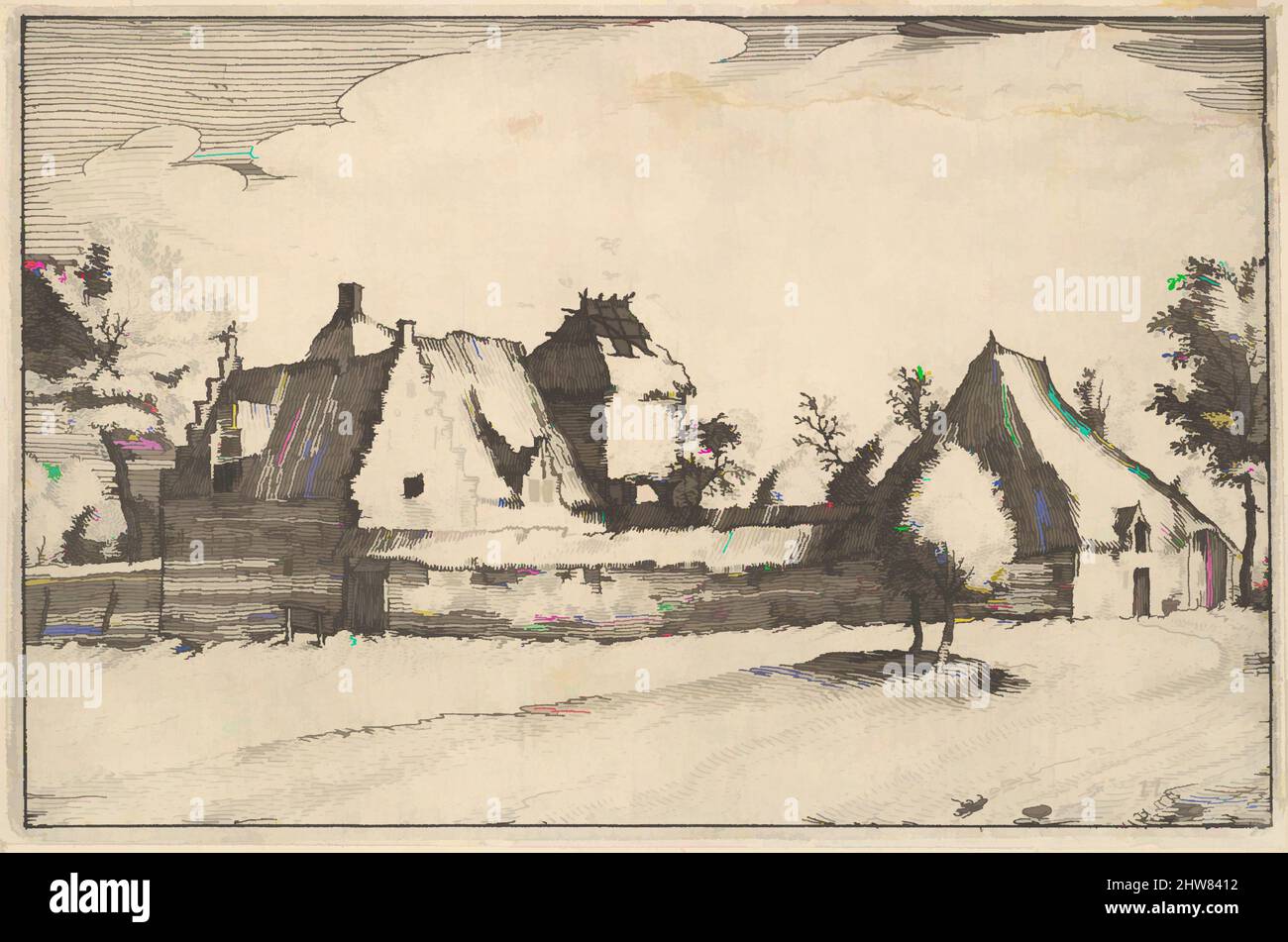 Arte ispirata alla Fattoria murata di Regiunculae et Villae aliquot Ducatus Brabantiae, ca. 1610, incisione, piastra: 4 1/8 x 6 3/16 poll. (10,4 x 15,7 cm), stampe, Claes Jansz. Visscher (olandese, Amsterdam 1586–1652 Amsterdam), dopo il Maestro dei piccoli Paesaggi (Netherlandish, 16th secolo, opere classiche modernizzate da Artotop con un tuffo di modernità. Forme, colore e valore, impatto visivo accattivante sulle emozioni artistiche attraverso la libertà delle opere d'arte in modo contemporaneo. Un messaggio senza tempo che persegue una nuova direzione selvaggiamente creativa. Artisti che si rivolgono al supporto digitale e creano l'NFT Artotop Foto Stock