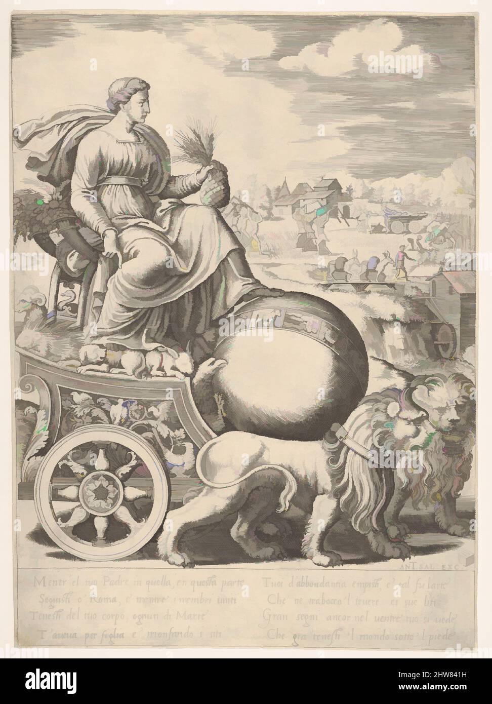 Arte ispirata da Cibele nel suo carro disegnato da due leoni, 1530–60, incisione, foglio: 9 7/8 x 7 1/4 poll. (25,1 x 18,4 cm), stampe, Maestro della Die (Roma attiva, ca. 1530–60), dopo Baldassare Tommaso Peruzzi (italiano, Ancaiano 1481–1536 Roma, opere classiche modernizzate da Artotop con un tuffo di modernità. Forme, colore e valore, impatto visivo accattivante sulle emozioni artistiche attraverso la libertà delle opere d'arte in modo contemporaneo. Un messaggio senza tempo che persegue una nuova direzione selvaggiamente creativa. Artisti che si rivolgono al supporto digitale e creano l'NFT Artotop Foto Stock