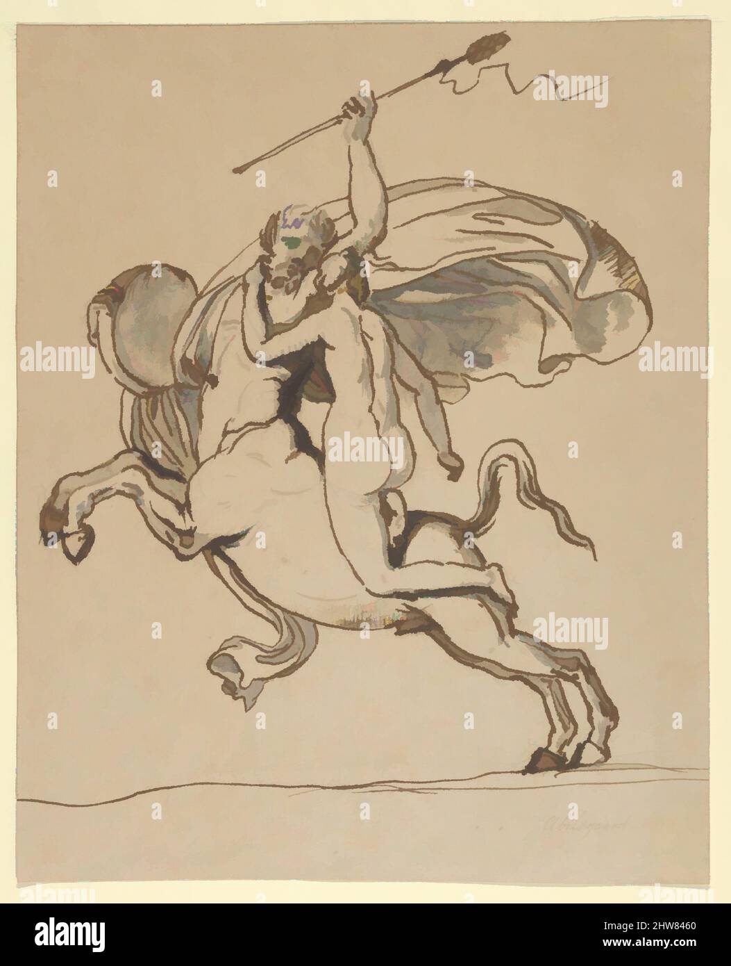 Arte ispirata al Centaur Nessus rapendo Deianira, 1763–1809, penna e inchiostro marrone, lavaggio marrone e grigio, su grafite, foglio: 10 3/16 x 8 1/4 pollici. (25,9 x 21 cm), disegni, Nicolai Abraham Abildgaard (Danese, Copenhangen 1743–1809 Frederiksdal, opere classiche modernizzate da Artotop con un tuffo di modernità. Forme, colore e valore, impatto visivo accattivante sulle emozioni artistiche attraverso la libertà delle opere d'arte in modo contemporaneo. Un messaggio senza tempo che persegue una nuova direzione selvaggiamente creativa. Artisti che si rivolgono al supporto digitale e creano l'NFT Artotop Foto Stock