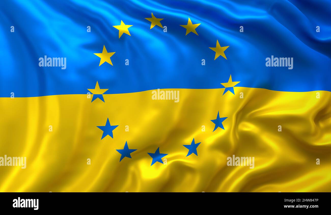 Bandiera dell'Ucraina con le stelle della bandiera dell'Unione europea, soffiata nel vento. Pagina intera bandiera di volo Ucraina. Foto Stock