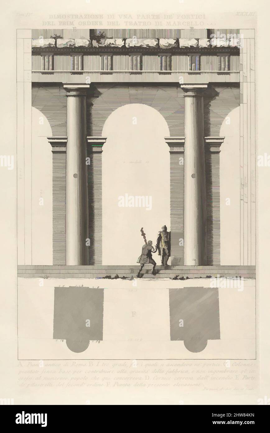 Arte ispirata all'elevazione parziale e alla pianta del portico di primo ordine al Teatro di Marcello (Divisione di una parte de' portici del prim' ordine del Teatro di Marcello), da 'le Antichità Romane', 1756, Etching, foglio: 20 1/2 x 14 5/8 in. (52 x 37,2 cm), Giovanni Battista, opere classiche modernizzate da Artotop con un tuffo di modernità. Forme, colore e valore, impatto visivo accattivante sulle emozioni artistiche attraverso la libertà delle opere d'arte in modo contemporaneo. Un messaggio senza tempo che persegue una nuova direzione selvaggiamente creativa. Artisti che si rivolgono al supporto digitale e creano l'NFT Artotop Foto Stock