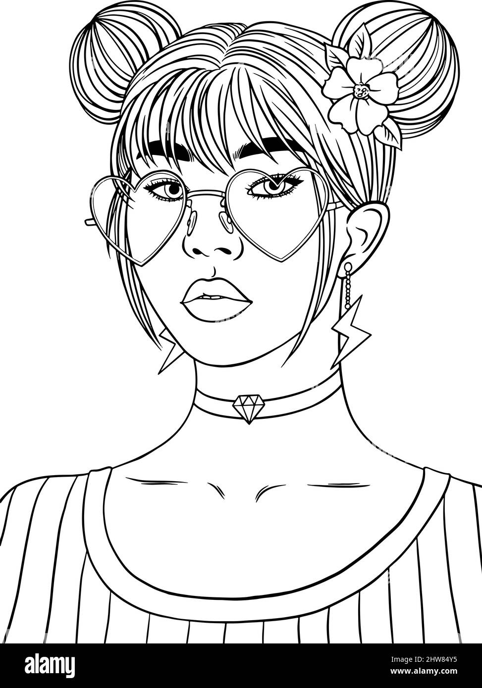 Asian Girl Modern Ritratto con occhiali da sole a forma di cuore illustrazione vettoriale Illustrazione Vettoriale