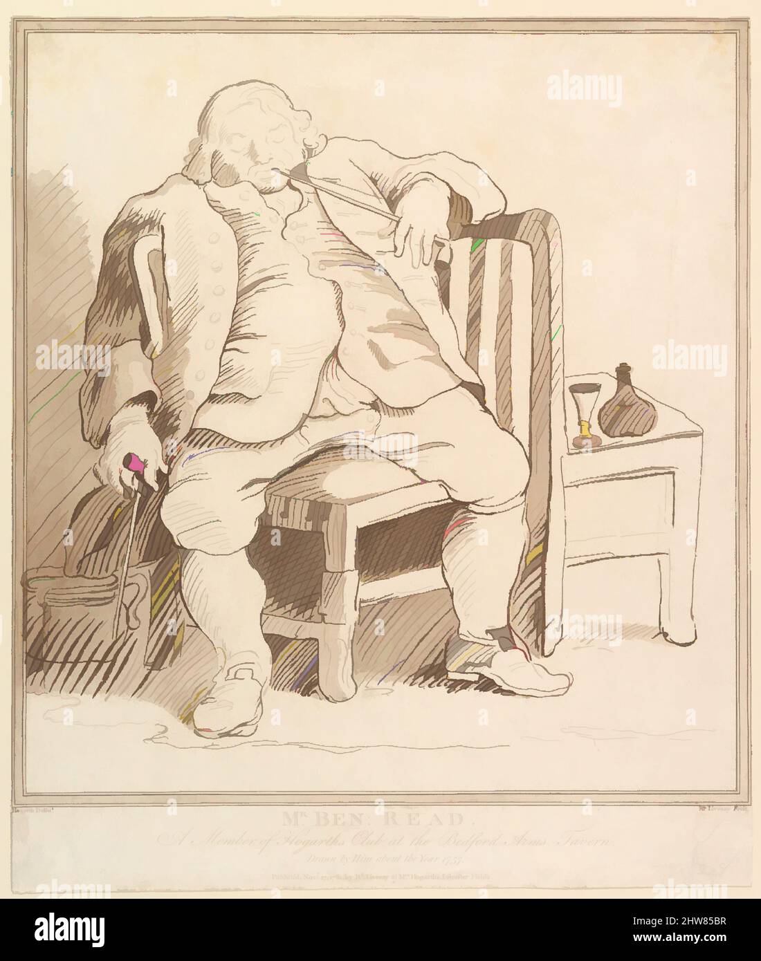 Arte ispirata dal Sig. Ben: Leggi, un membro del Club di Hogarth al Bedford Arms Tavern, disegnato da lui circa l'anno 1757, 27 novembre 1781, acquaforte e aquatint, stampato in inchiostro marrone, foglio: 12 3/8 x 10 9/16 pollici. (31,5 x 26,8 cm), stampe, dopo William Hogarth (British, Londra 1697–1764, opere classiche modernizzate da Artotop con un tuffo di modernità. Forme, colore e valore, impatto visivo accattivante sulle emozioni artistiche attraverso la libertà delle opere d'arte in modo contemporaneo. Un messaggio senza tempo che persegue una nuova direzione selvaggiamente creativa. Artisti che si rivolgono al supporto digitale e creano l'NFT Artotop Foto Stock