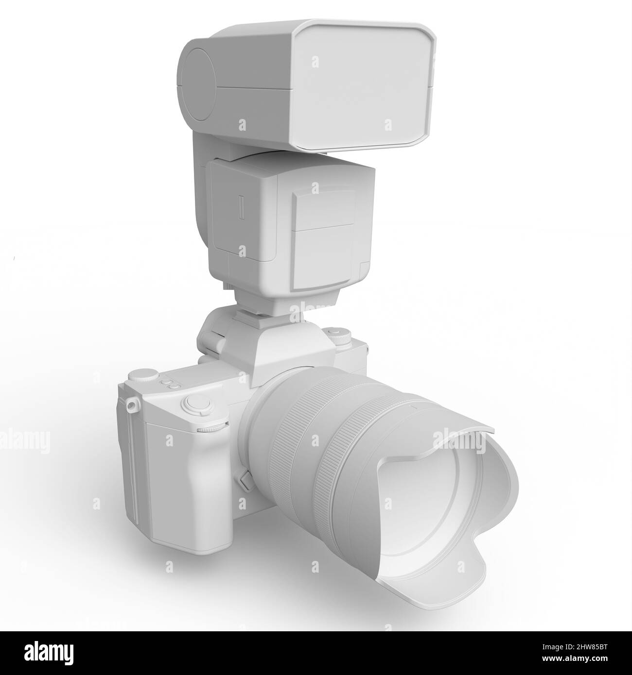 Concetto di inesistente oro DSLR fotocamera con obiettivo e flash esterno speedlight isolato su sfondo bianco monocromatico. 3D resa di pho professionale Foto Stock