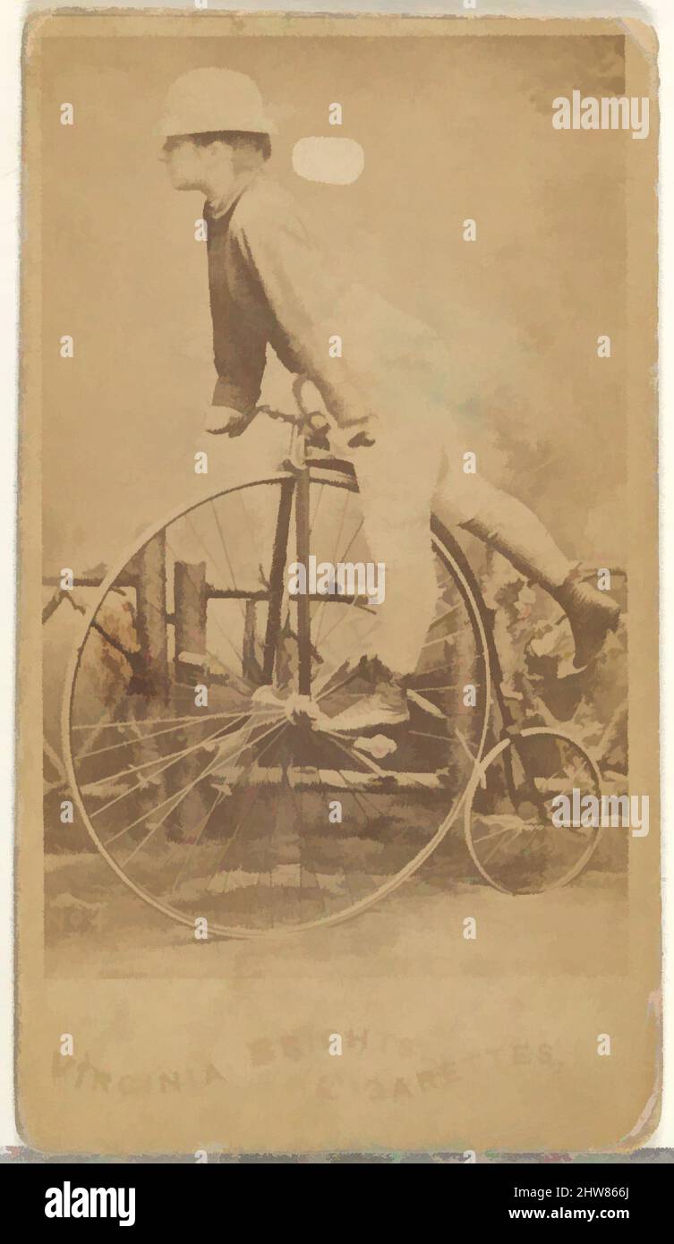 Art Inspired by Card 4, dalla serie Girl Cyclists (N49) per Virginia Blights sigarette, 1887, albumen fotografia, foglio: 2 3/4 x 1 3/8 pollici. (7 x 3,5 cm), carte commerciali della serie 'Girl Cyclists' (N49), pubblicato nel 1887 da Allen & Ginter per promuovere le sigarette Virginia Blights, opere classiche modernizzate da Artotop con un tuffo di modernità. Forme, colore e valore, impatto visivo accattivante sulle emozioni artistiche attraverso la libertà delle opere d'arte in modo contemporaneo. Un messaggio senza tempo che persegue una nuova direzione selvaggiamente creativa. Artisti che si rivolgono al supporto digitale e creano l'NFT Artotop Foto Stock