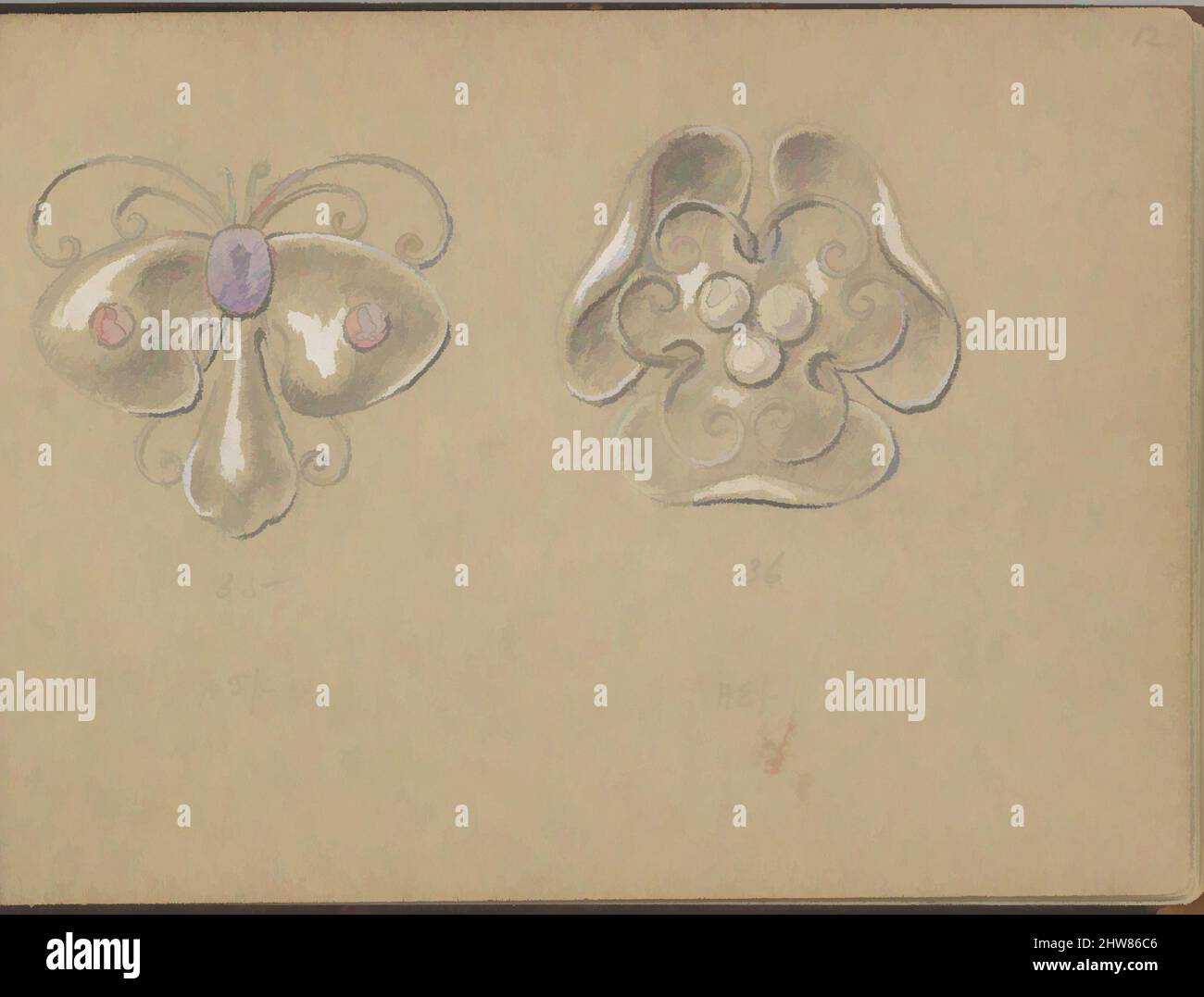 Arte ispirata a due gioielli d'argento, 1899, grafite e gouache, foglio: 3 1/2 x 5 poll. (8,9 x 12,7 cm), Edgar Gilstrap Simpson (britannico, 1867–1945 (presunto)), due disegni per pezzi d'argento di gioielli, eventualmente spille o spille. Il primo è a forma di farfalla con un viola, opere classiche modernizzate da Artotop con un tuffo di modernità. Forme, colore e valore, impatto visivo accattivante sulle emozioni artistiche attraverso la libertà delle opere d'arte in modo contemporaneo. Un messaggio senza tempo che persegue una nuova direzione selvaggiamente creativa. Artisti che si rivolgono al supporto digitale e creano l'NFT Artotop Foto Stock