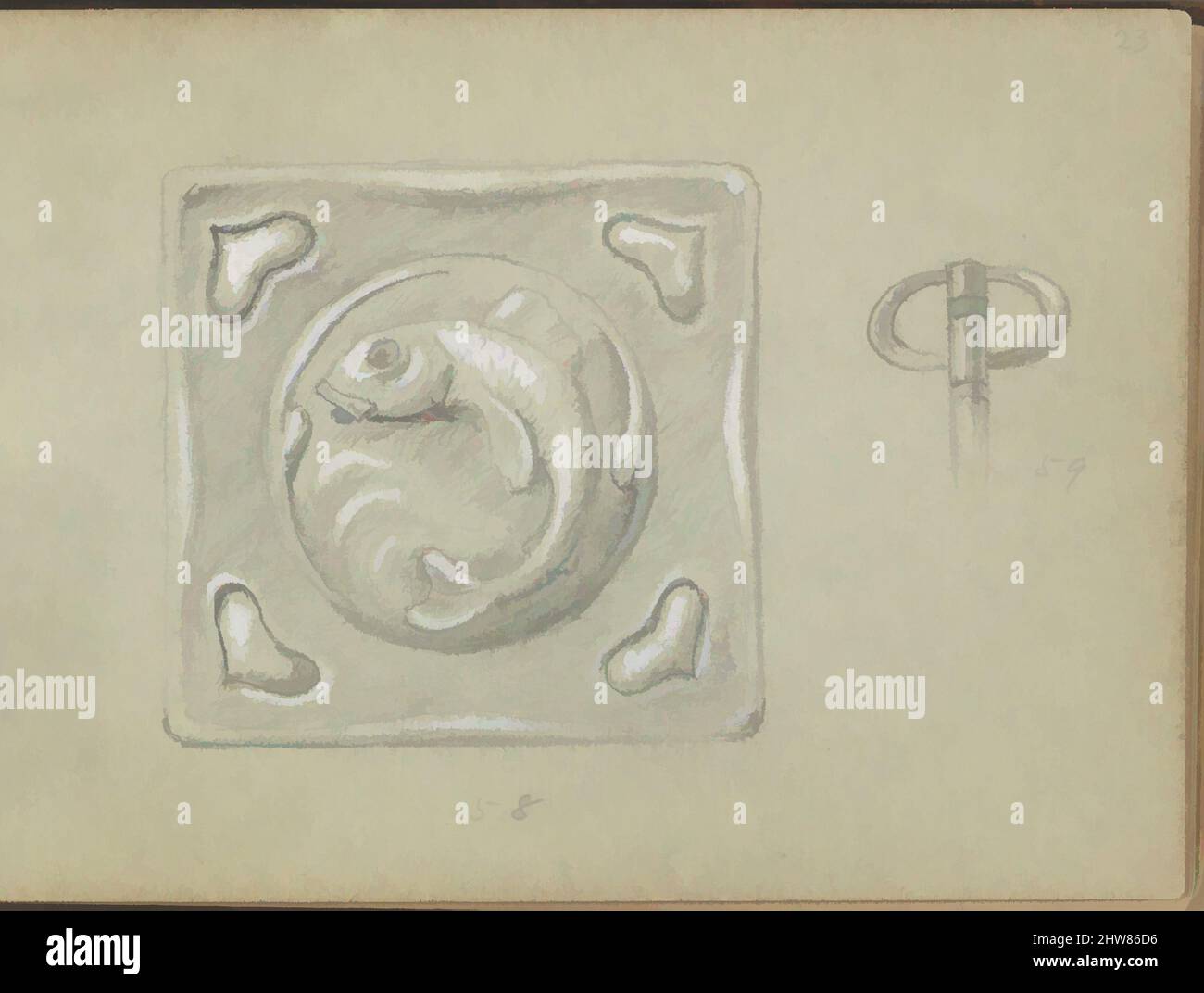 Arte ispirata dal design per un decorativo (chiave?) Piastra e impugnatura a chiave, 1899, grafite e gouache, foglio: 3 1/2 x 5 poll. (8,9 x 12,7 cm), Edgar Gilstrap Simpson (inglese, 1867–1945 (presunto)), Page con due disegni. Sulla sinistra è stata raffigurata una piastra quadrata con un motivo di pesce in, opere classiche modernizzate da Artotop con un tuffo di modernità. Forme, colore e valore, impatto visivo accattivante sulle emozioni artistiche attraverso la libertà delle opere d'arte in modo contemporaneo. Un messaggio senza tempo che persegue una nuova direzione selvaggiamente creativa. Artisti che si rivolgono al supporto digitale e creano l'NFT Artotop Foto Stock