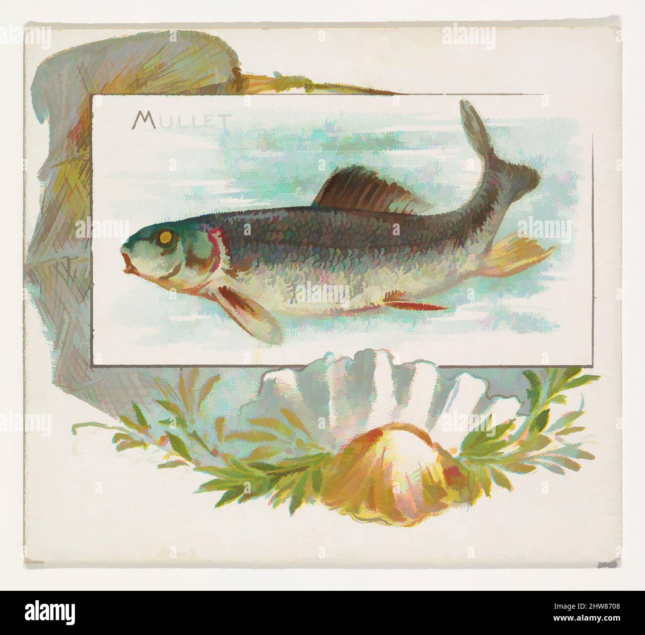 Art Inspired by Mullet, from Fish from American Waters series (N39) for Allen & Ginter Cigarettes, 1889, Commercial color litograph, Sheet: 2 7/8 x 3 1/4 in. (7,3 x 8,3 cm), carte commerciali della serie 'Fish from American Waters' (N39), emesse nel 1889 in un set di 50 carte da promuovere, opere classiche modernizzate da Artotop con un tuffo di modernità. Forme, colore e valore, impatto visivo accattivante sulle emozioni artistiche attraverso la libertà delle opere d'arte in modo contemporaneo. Un messaggio senza tempo che persegue una nuova direzione selvaggiamente creativa. Artisti che si rivolgono al supporto digitale e creano l'NFT Artotop Foto Stock