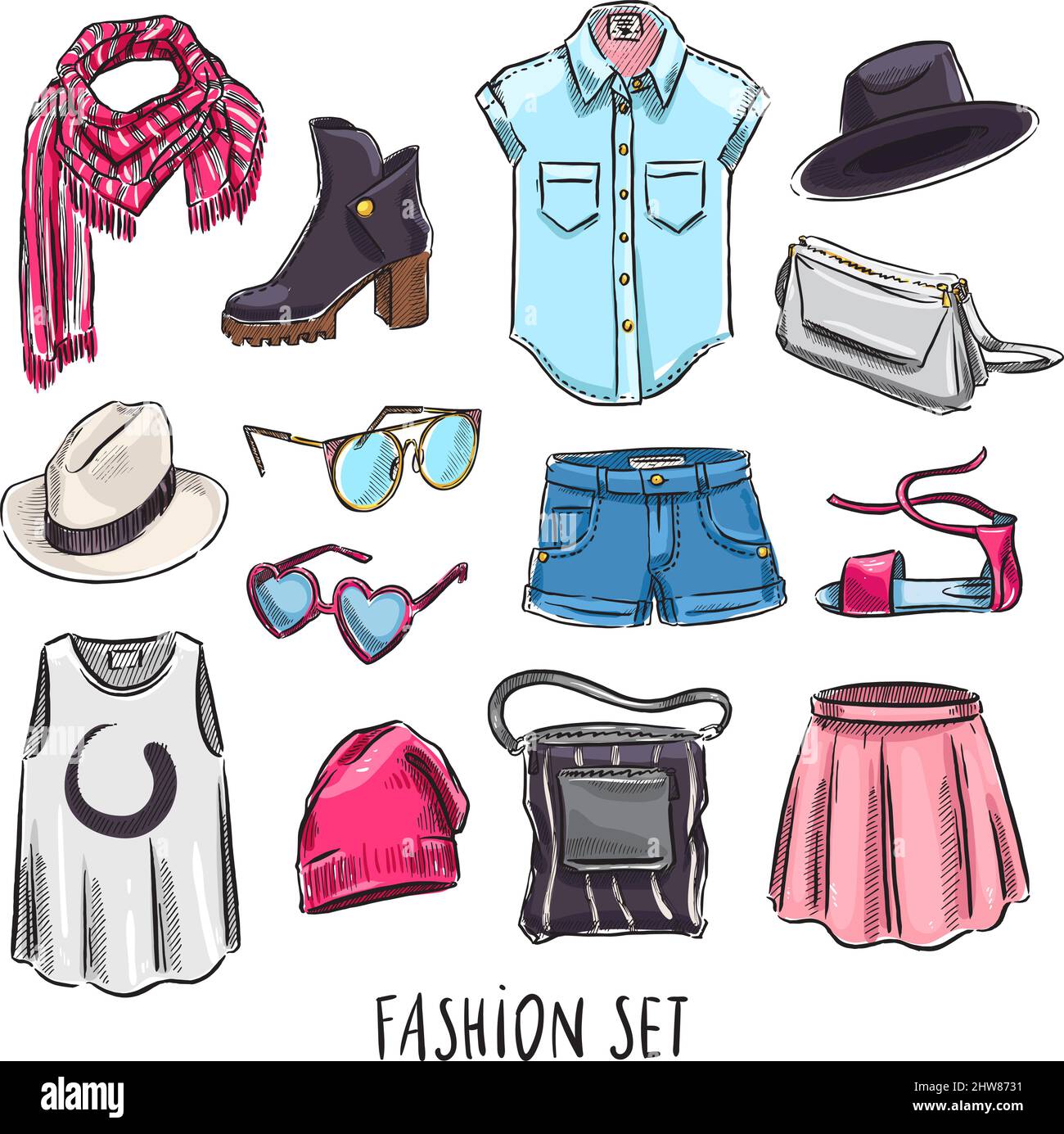 set di abbigliamento femminile e accessori diversi. illustrazione disegnata a mano Illustrazione Vettoriale