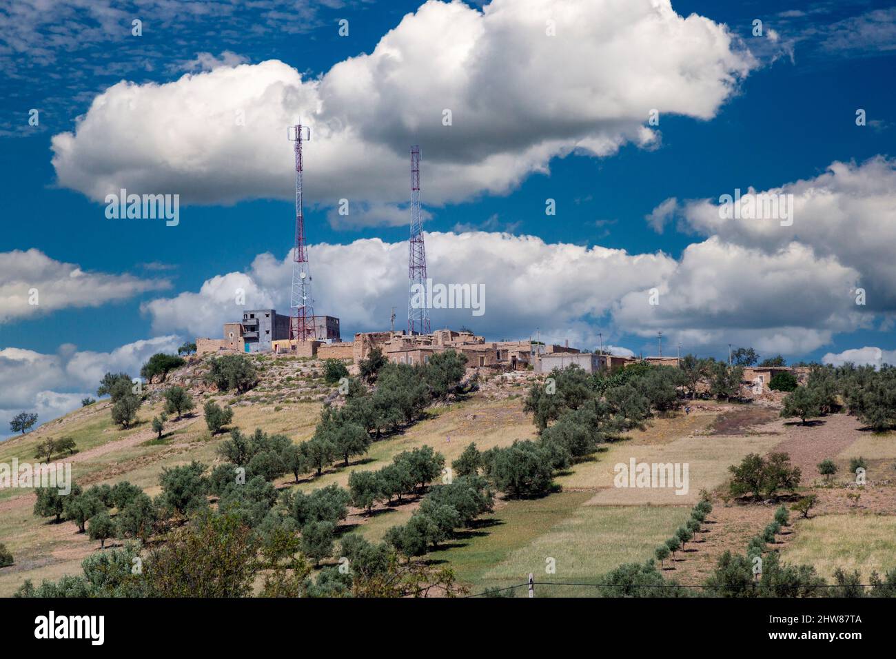 Atlante, Marocco. Relè di comunicazioni torri sulla strada di Ouled Ayad. Alberi di olivo in primo piano. Foto Stock