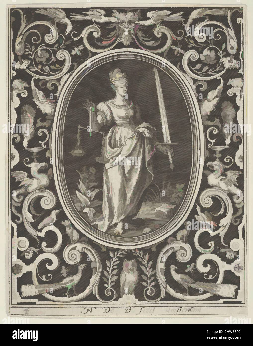 Arte ispirata dalla Giustizia, dalle virtù cardinali, 1648–56, incisione, foglio: 4 3/8 x 3 3/8 pollici (11,1 x 8,6 cm), Nicolaes de Bruyn (Olanda, Anversa 1571–1656 Rotterdam), la figura femminile cieca Justice è raffigurata tenendo una scala nella mano destra e una spada nella sinistra, opere classiche modernizzate da Artotop con un tuffo di modernità. Forme, colore e valore, impatto visivo accattivante sulle emozioni artistiche attraverso la libertà delle opere d'arte in modo contemporaneo. Un messaggio senza tempo che persegue una nuova direzione selvaggiamente creativa. Artisti che si rivolgono al supporto digitale e creano l'NFT Artotop Foto Stock