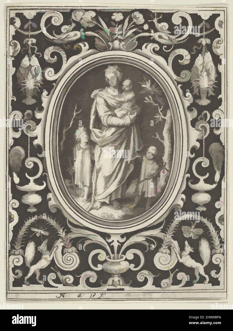 Arte ispirata dalla Carità, dalle virtù cardinali, 1648–56, incisione, foglio: 4 5/16 x 3 1/4 in. (10,9 x 8,2 cm), Nicolaes de Bruyn (Netherlandish, Anversa 1571–1656 Rotterdam), la figura femminile Charity è raffigurata tenendo un bambino tra le braccia (sul lato sinistro) ed è affiancato da due opere classiche modernizzate da Artotop con un tuffo di modernità. Forme, colore e valore, impatto visivo accattivante sulle emozioni artistiche attraverso la libertà delle opere d'arte in modo contemporaneo. Un messaggio senza tempo che persegue una nuova direzione selvaggiamente creativa. Artisti che si rivolgono al supporto digitale e creano l'NFT Artotop Foto Stock