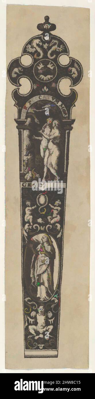Art Inspired by Design for a Knife Handle with the Temptation of Adam and Eve, 1580–1600, incisione e ricatto, foglio: 3 7/8 x 15/16 in. (9,9 x 2,4 cm), Johann Theodor de Bry (Olanda, Strasburgo 1561–1623 Bad Schwalbach), pannello con due manici a coltello, entrambi con scene, opere classiche modernizzate da Artotop con un tuffo di modernità. Forme, colore e valore, impatto visivo accattivante sulle emozioni artistiche attraverso la libertà delle opere d'arte in modo contemporaneo. Un messaggio senza tempo che persegue una nuova direzione selvaggiamente creativa. Artisti che si rivolgono al supporto digitale e creano l'NFT Artotop Foto Stock