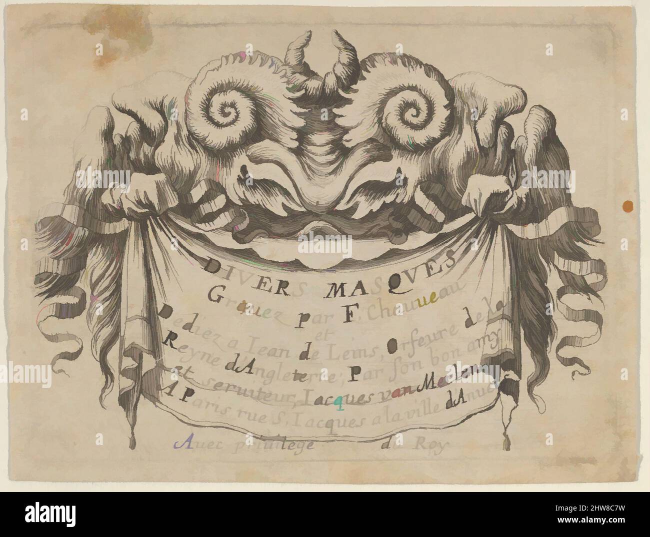 Arte ispirata da Title Plate con due Satyr Heads, da Divers Masques, ca. 1635–45, incisione, foglio: 2 9/16 x 3 3/8 poll. (6,5 x 8,5 cm), Francois Chauveau (francese, Parigi 1613–1676 Parigi), Title Plate con il testo su un panno appeso alla bocca di due teste di satiro rovesciate. Da a, opere classiche modernizzate da Artotop con un tuffo di modernità. Forme, colore e valore, impatto visivo accattivante sulle emozioni artistiche attraverso la libertà delle opere d'arte in modo contemporaneo. Un messaggio senza tempo che persegue una nuova direzione selvaggiamente creativa. Artisti che si rivolgono al supporto digitale e creano l'NFT Artotop Foto Stock