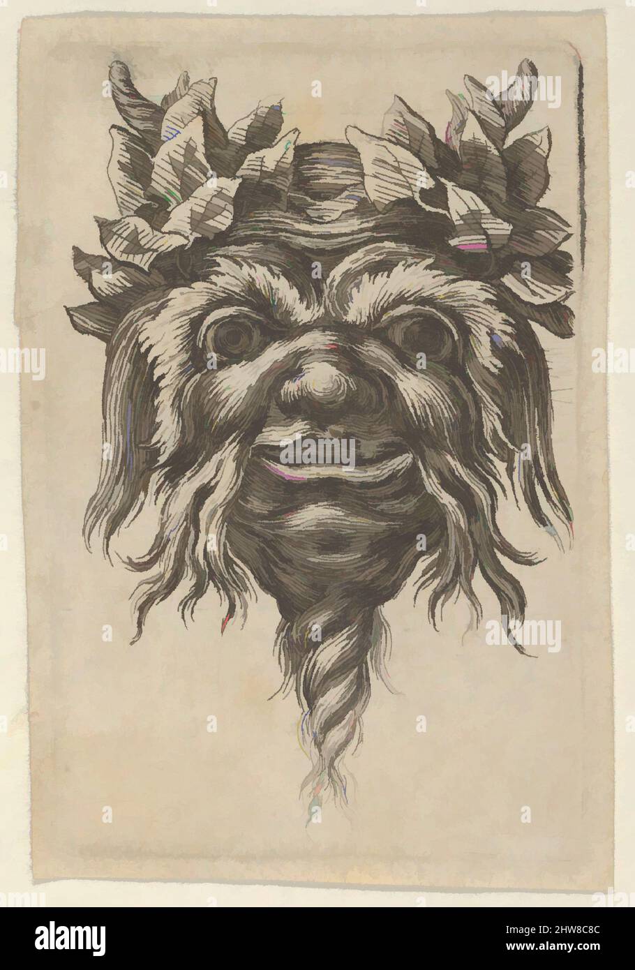 Arte ispirata a Satyr Mask con una barba a forma di spirale e Ivy raggruppati intorno a ogni Corno, da Divers Masques, ca. 1635–45, incisione, foglio: 2 1/2 x 1 5/8 poll. (6,3 x 4,2 cm), Francois Chauveau (francese, Parigi 1613–1676 Parigi), da una serie di diciannove piatti con maschere grottesche dedicate, opere classiche modernizzate da Artotop con un tuffo di modernità. Forme, colore e valore, impatto visivo accattivante sulle emozioni artistiche attraverso la libertà delle opere d'arte in modo contemporaneo. Un messaggio senza tempo che persegue una nuova direzione selvaggiamente creativa. Artisti che si rivolgono al supporto digitale e creano l'NFT Artotop Foto Stock