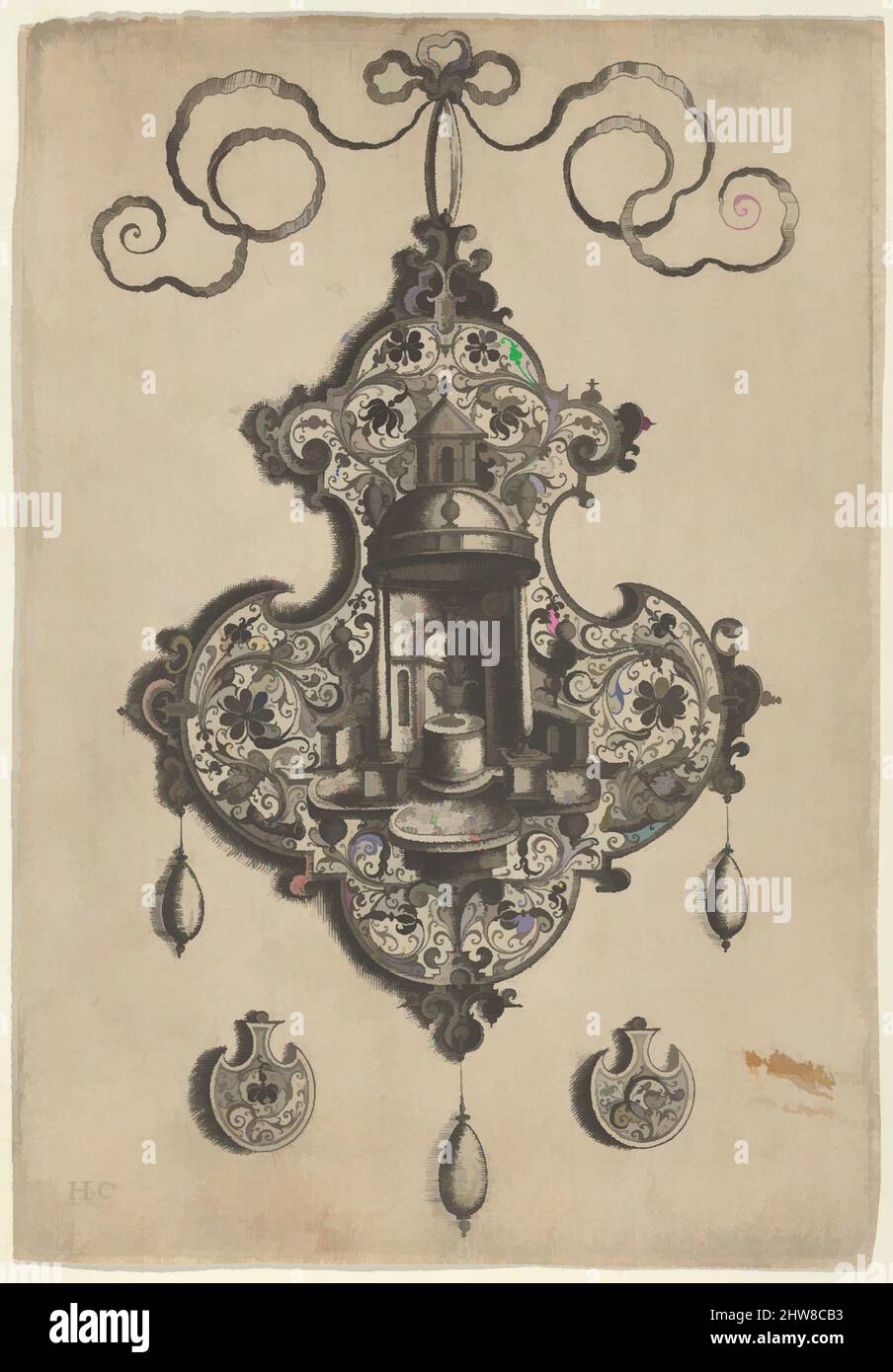 Arte ispirata dal disegno pendente con un Tempio circolare e un vaso di Burning sopra gli ornamenti a forma di Ax, prima del 1573, incisione e ricatto; primo stato di due (New Hollstein), foglio: 5 13/16 x 4 1/16 pollici. (14,8 x 10,3 cm), Jan Collaert i (Olanda, Anversa ca. 1530–1581 Anversa, opere classiche modernizzate da Artotop con un tuffo di modernità. Forme, colore e valore, impatto visivo accattivante sulle emozioni artistiche attraverso la libertà delle opere d'arte in modo contemporaneo. Un messaggio senza tempo che persegue una nuova direzione selvaggiamente creativa. Artisti che si rivolgono al supporto digitale e creano l'NFT Artotop Foto Stock