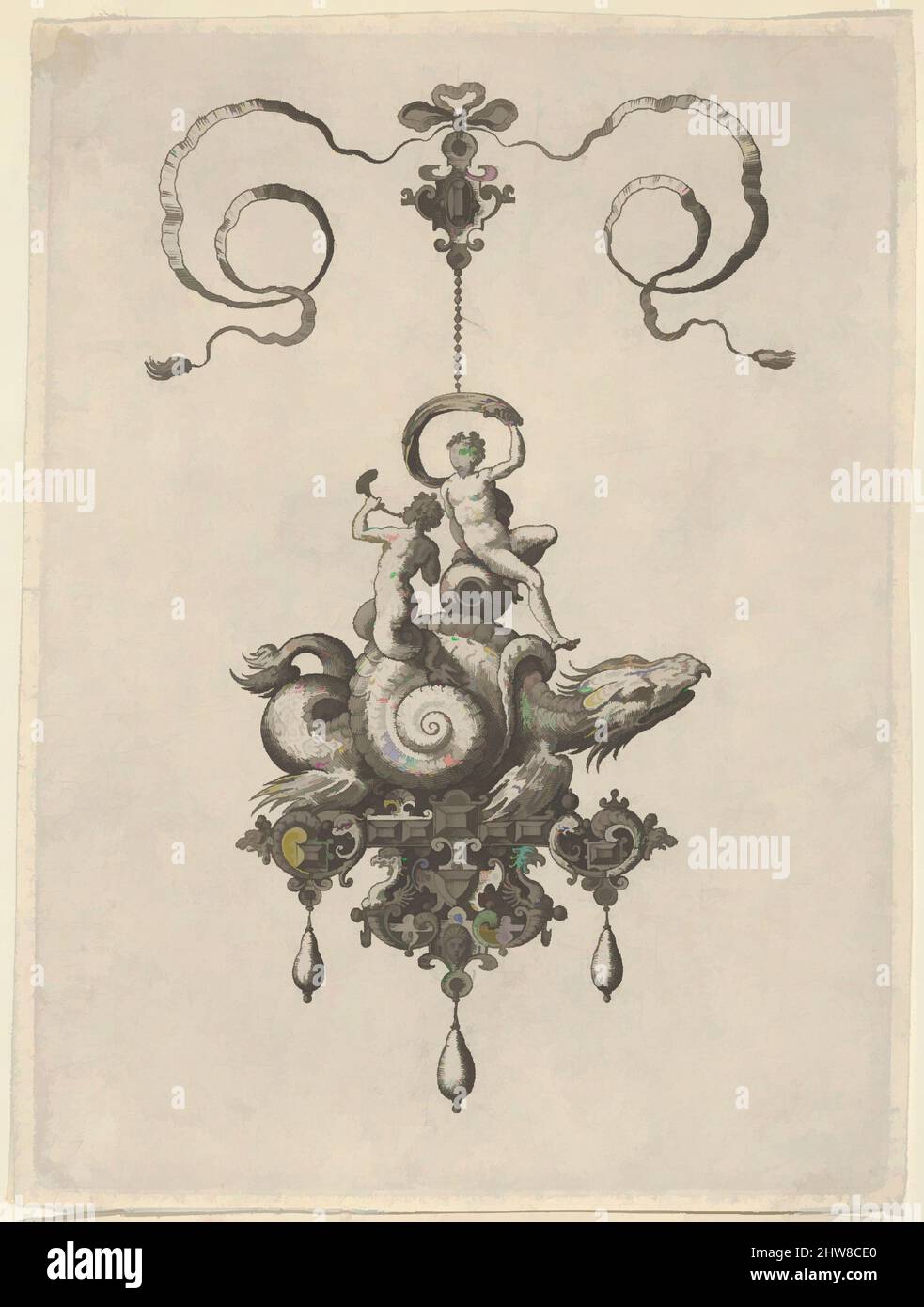 Art Inspired by Pendant Design with a Sea Monster in a Shell Porting a Triton and a Woman with a Sail, 1582, Engraving; Second state of Two (New Hollstein), Sheet: 7 1/16 x 5 1/4 in. (17,9 x 13,4 cm), Adriaen Collaert (Olanda, Anversa ca. 1560–1618 Anversa), dopo un progetto di, opere classiche modernizzate da Artotop con un tuffo di modernità. Forme, colore e valore, impatto visivo accattivante sulle emozioni artistiche attraverso la libertà delle opere d'arte in modo contemporaneo. Un messaggio senza tempo che persegue una nuova direzione selvaggiamente creativa. Artisti che si rivolgono al supporto digitale e creano l'NFT Artotop Foto Stock