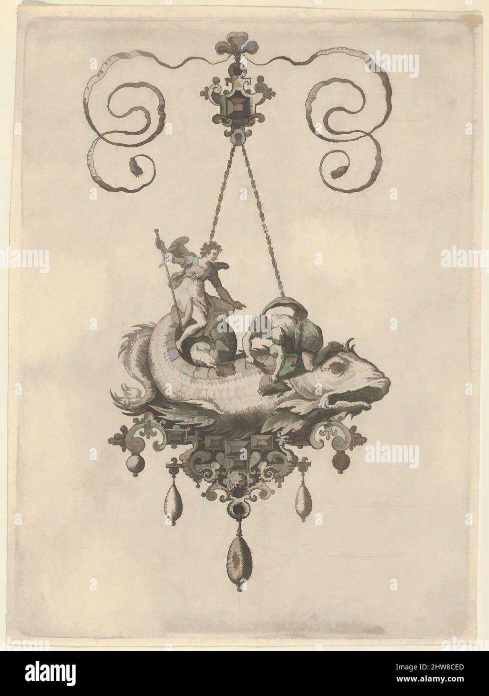 Art Inspired by Pendant Design with a Fish Caring Tobias and the Angel, 1582, Engraving; second state of Two (New Hollstein), Sheet: 7 1/16 x 5 1/4 in. (17,9 x 13,3 cm), Adriaen Collaert (Olanda, Anversa ca. 1560–1618 Anversa), dopo un progetto di Jan Collaert i (Netherlandh, opere classiche modernizzate da Artotop con un tuffo di modernità. Forme, colore e valore, impatto visivo accattivante sulle emozioni artistiche attraverso la libertà delle opere d'arte in modo contemporaneo. Un messaggio senza tempo che persegue una nuova direzione selvaggiamente creativa. Artisti che si rivolgono al supporto digitale e creano l'NFT Artotop Foto Stock