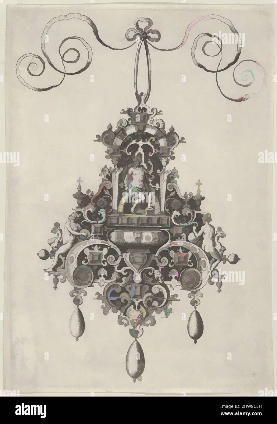 Arte ispirata dal Pendente Design con Marte seduto sotto un arco, dopo il 1581, incisione; secondo stato di due (New Hollstein), foglio: 6 15/16 x 4 13/16 poll. (17,7 x 12,2 cm), Jan Collaert i (Olanda, Anversa ca. 1530–1581 Antwerp), pannello verticale con un pendente al centro, opere classiche modernizzate da Artotop con un tocco di modernità. Forme, colore e valore, impatto visivo accattivante sulle emozioni artistiche attraverso la libertà delle opere d'arte in modo contemporaneo. Un messaggio senza tempo che persegue una nuova direzione selvaggiamente creativa. Artisti che si rivolgono al supporto digitale e creano l'NFT Artotop Foto Stock