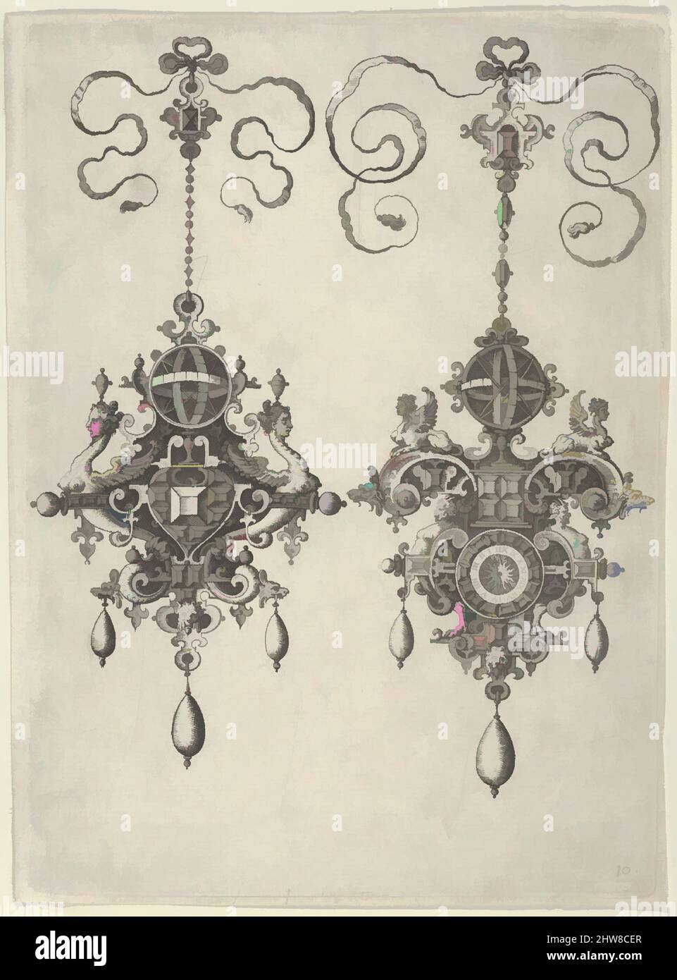 Arte ispirata da due disegni a pendente con Sun-Dials sulla parte superiore, dopo il 1581, incisione; secondo stato di due (New Hollstein), foglio: 6 15/16 x 5 3/16 poll. (17,7 x 13,2 cm), Jan Collaert i (Olanda, Anversa ca. 1530–1581 Antwerp), pannello verticale con due modelli pendenti con tele e, opere classiche modernizzate da Artotop con un tocco di modernità. Forme, colore e valore, impatto visivo accattivante sulle emozioni artistiche attraverso la libertà delle opere d'arte in modo contemporaneo. Un messaggio senza tempo che persegue una nuova direzione selvaggiamente creativa. Artisti che si rivolgono al supporto digitale e creano l'NFT Artotop Foto Stock