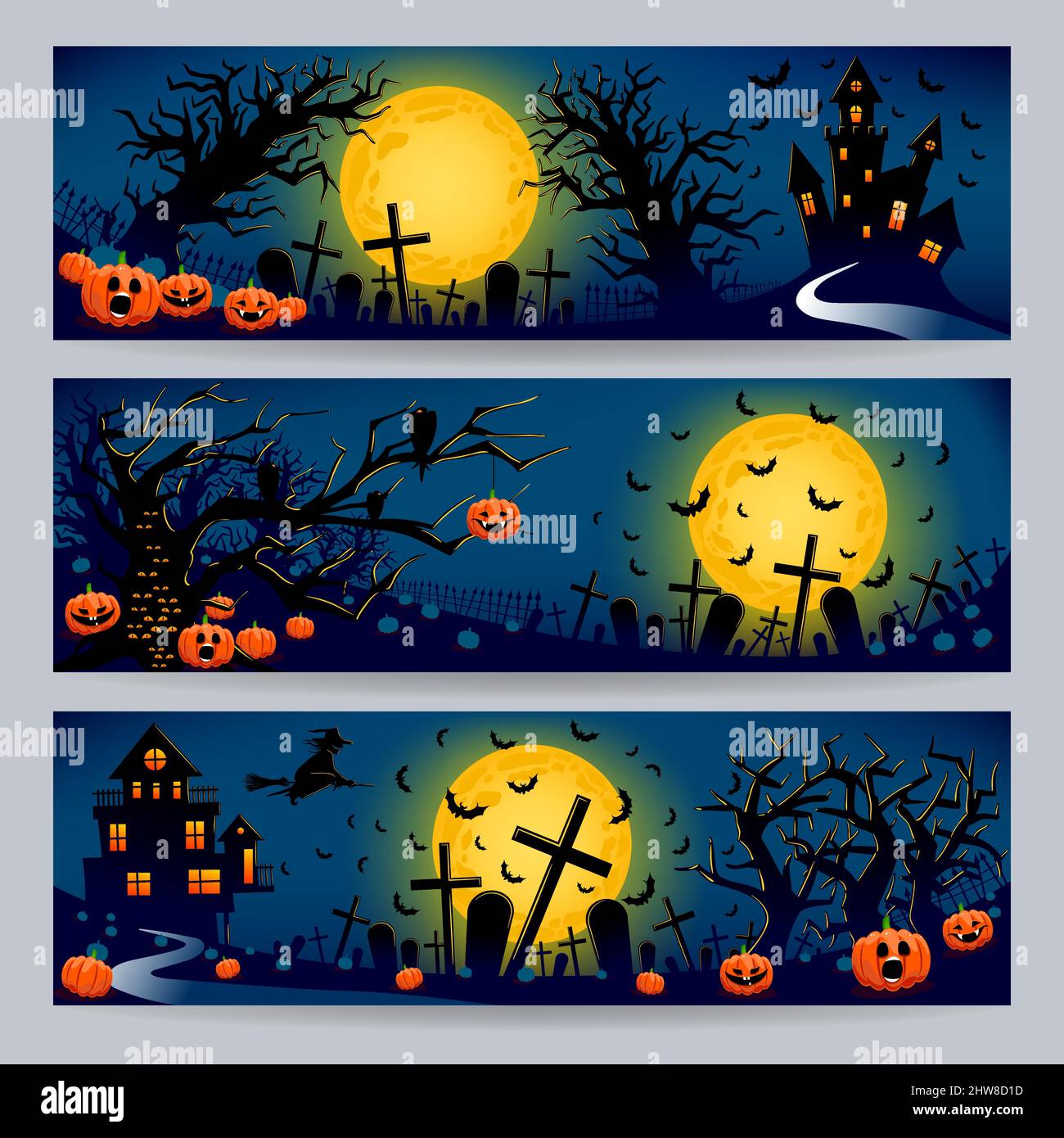 Set di tre belle bandiere per Halloween con tombe, zucche malvagie e alberi Illustrazione Vettoriale