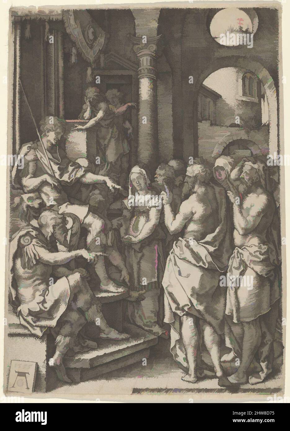 Arte ispirata da Susanna accusato di adulterio, dalla Storia di Susanna, 1555, incisione, foglio: 4 9/16 x 3 1/4 in. (11,6 x 8,3 cm), stampe, Heinrich Algrassaggio (tedesco, Paderborn ca. 1502–1555/1561 Soest), Susanna si trova al centro di una colonna, mentre due anziani al giusto indirizzo, opere classiche modernizzate da Artotop con un tuffo di modernità. Forme, colore e valore, impatto visivo accattivante sulle emozioni artistiche attraverso la libertà delle opere d'arte in modo contemporaneo. Un messaggio senza tempo che persegue una nuova direzione selvaggiamente creativa. Artisti che si rivolgono al supporto digitale e creano l'NFT Artotop Foto Stock