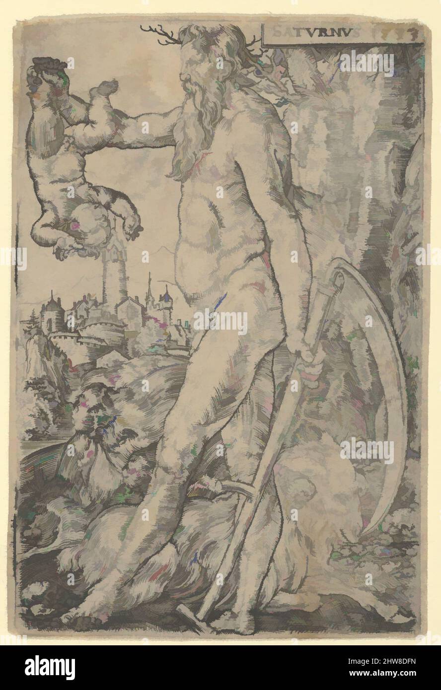 Arte ispirata da Saturno, dai sette pianeti, 1533, incisione, foglio: 3 13/16 x 2 9/16 poll. (9,7 x 6,5 cm), stampe, Heinrich Algrassaggio (tedesco, Paderborn ca. 1502–1555/1561 Soest, opere classiche modernizzate da Artotop con un tocco di modernità. Forme, colore e valore, impatto visivo accattivante sulle emozioni artistiche attraverso la libertà delle opere d'arte in modo contemporaneo. Un messaggio senza tempo che persegue una nuova direzione selvaggiamente creativa. Artisti che si rivolgono al supporto digitale e creano l'NFT Artotop Foto Stock