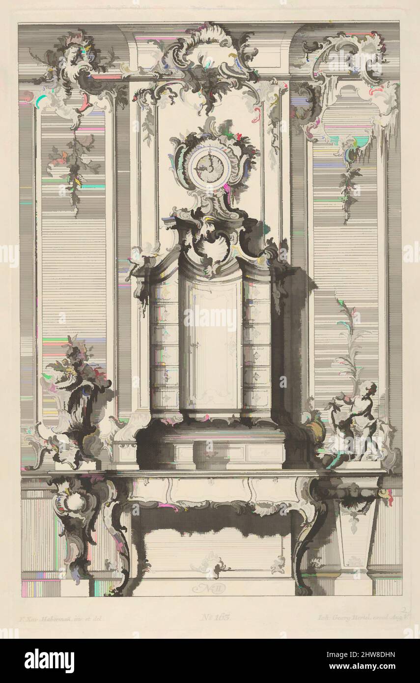 Arte ispirata da Wall Elevation con un Secretaire, da 'Schreibtische', ca. 1748–70, incisione, piastra: 11 11/16 x 7 1/2 poll. (29,7 x 19,1 cm), Franz Xavier Habermann (tedesco, 1721–1796), Muro in stile rococò con un secretaire al centro. Il secretaire è coronato da un orologio, opere classiche modernizzate da Artotop con un tuffo di modernità. Forme, colore e valore, impatto visivo accattivante sulle emozioni artistiche attraverso la libertà delle opere d'arte in modo contemporaneo. Un messaggio senza tempo che persegue una nuova direzione selvaggiamente creativa. Artisti che si rivolgono al supporto digitale e creano l'NFT Artotop Foto Stock