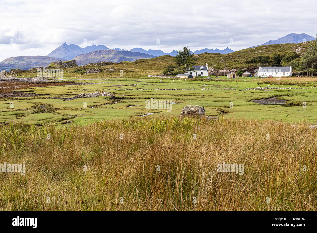 Le rovine del castello di Dun Scaich e le creste sulle rive di Loch Eishort a Tokavaig, nella penisola di Sleat, a sud dell'isola di Skye, Highland, Foto Stock