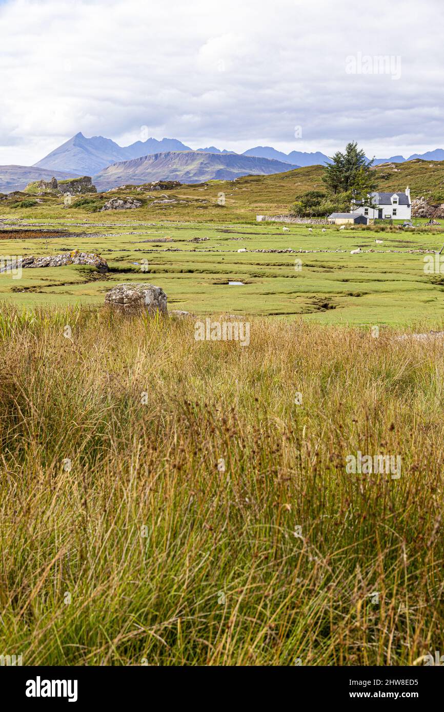 Le rovine del castello di Dun Scaich e un croft sulle rive di Loch Eishort a Tokavaig sulla penisola di Sleat nel sud dell'isola di Skye, Highland Foto Stock