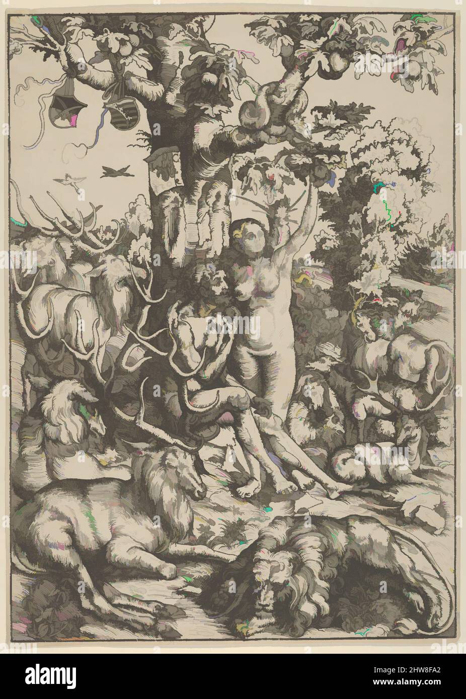 Art Inspired by Adam and Eve in Paradise, 1509, woodblock, Sheet: 13 3/8 x 9 9/16 in. (33,9 x 24,3 cm), stampe, Lucas Cranach il Vecchio (tedesco, Kronach 1472–1553 Weimar, opere classiche modernizzate da Artotop con un tuffo di modernità. Forme, colore e valore, impatto visivo accattivante sulle emozioni artistiche attraverso la libertà delle opere d'arte in modo contemporaneo. Un messaggio senza tempo che persegue una nuova direzione selvaggiamente creativa. Artisti che si rivolgono al supporto digitale e creano l'NFT Artotop Foto Stock