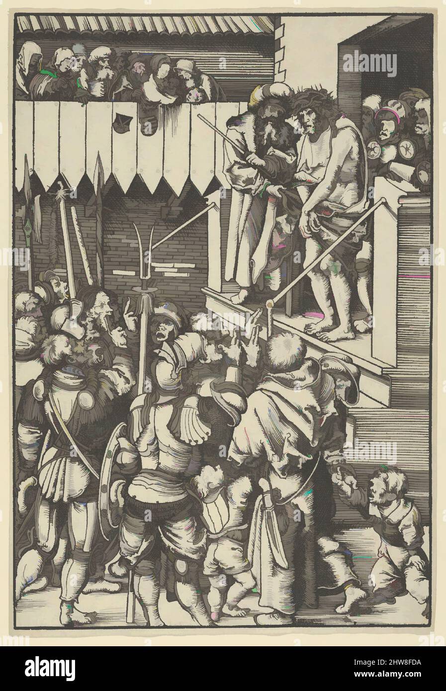 Arte ispirata da Ecce Homo, dalla Passione, blocco di legno, foglio: 6 3/4 x 9 15/16 poll. (17,2 x 25,3 cm), stampe, Lucas Cranach il Vecchio (tedesco, Kronach 1472–1553 Weimar, opere classiche modernizzate da Artotop con un tuffo di modernità. Forme, colore e valore, impatto visivo accattivante sulle emozioni artistiche attraverso la libertà delle opere d'arte in modo contemporaneo. Un messaggio senza tempo che persegue una nuova direzione selvaggiamente creativa. Artisti che si rivolgono al supporto digitale e creano l'NFT Artotop Foto Stock